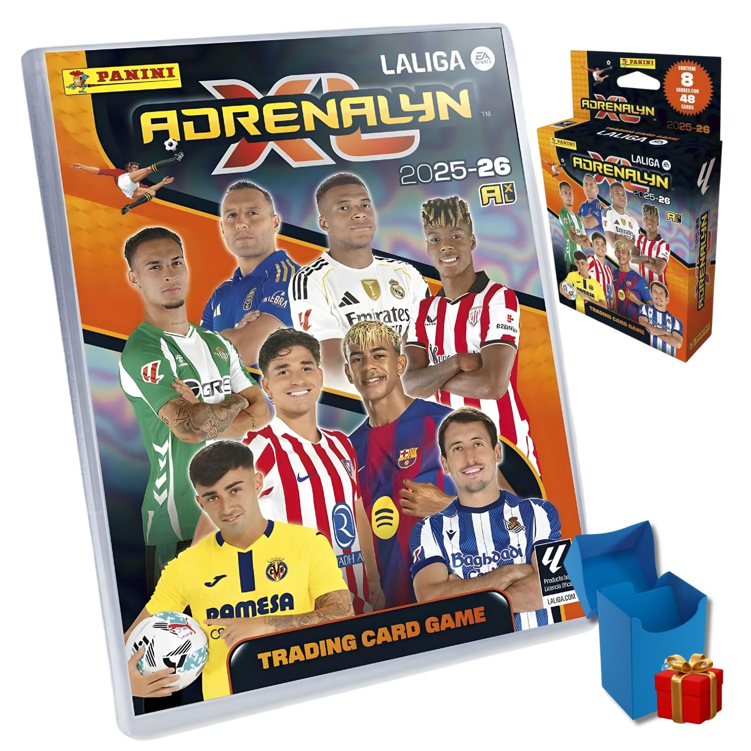 Panini Adrenalyn LaLiga 2025-26, Megapack Edición Básica con 8 sobres adiciones, Álbum Premium con Cartas Exclusivas, Trading Card Game y Deckbox de Regalo para repetidas