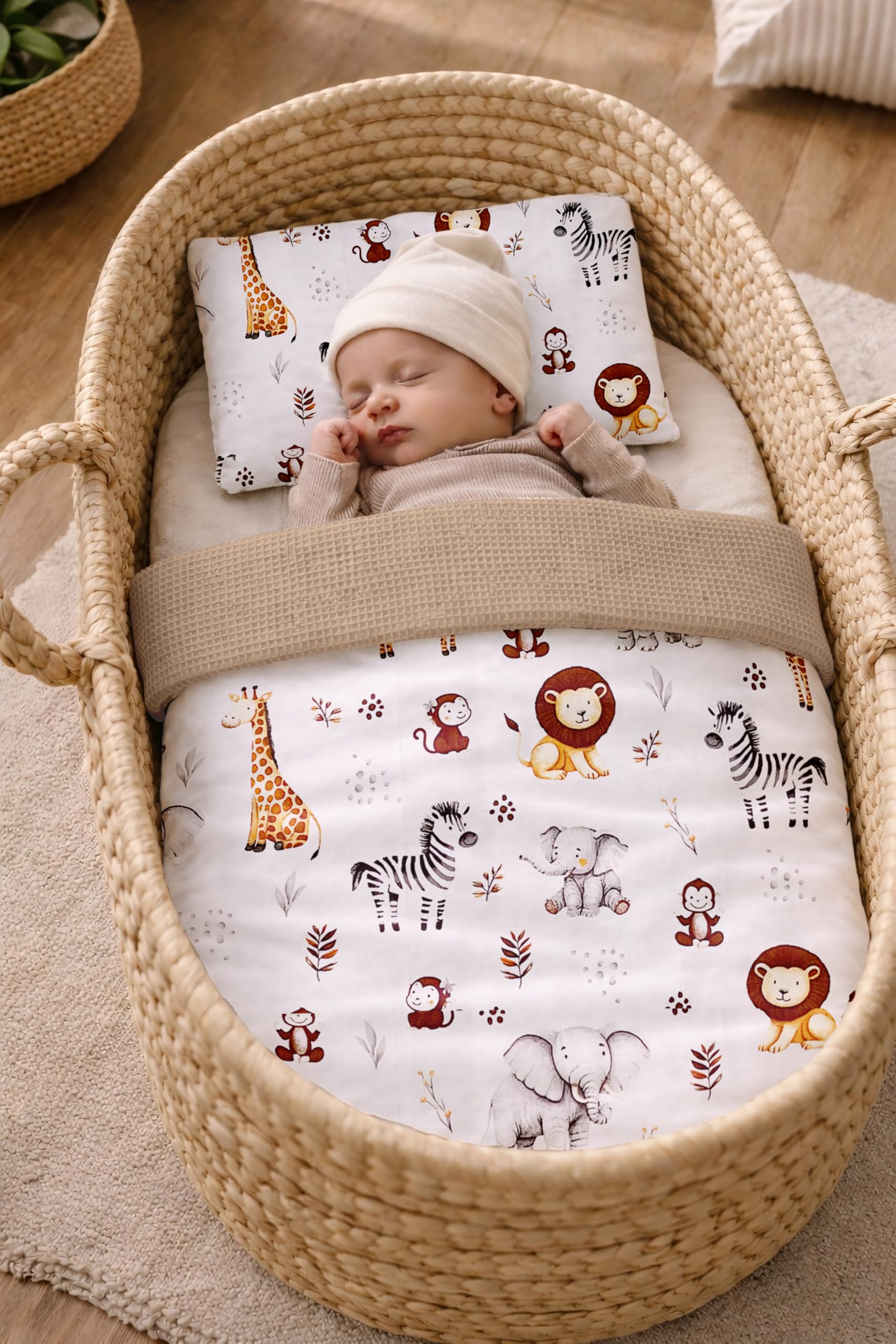 Babynest Nestchen Baby Set für Neugeborene – 5-teilig – Kuschelnest aus 100% Baumwolle & Waffelpique – Babykokon tragbar – für Babybett, Kinderbett & Kinderwagen – OEKO-TEX - ZOO und Braun