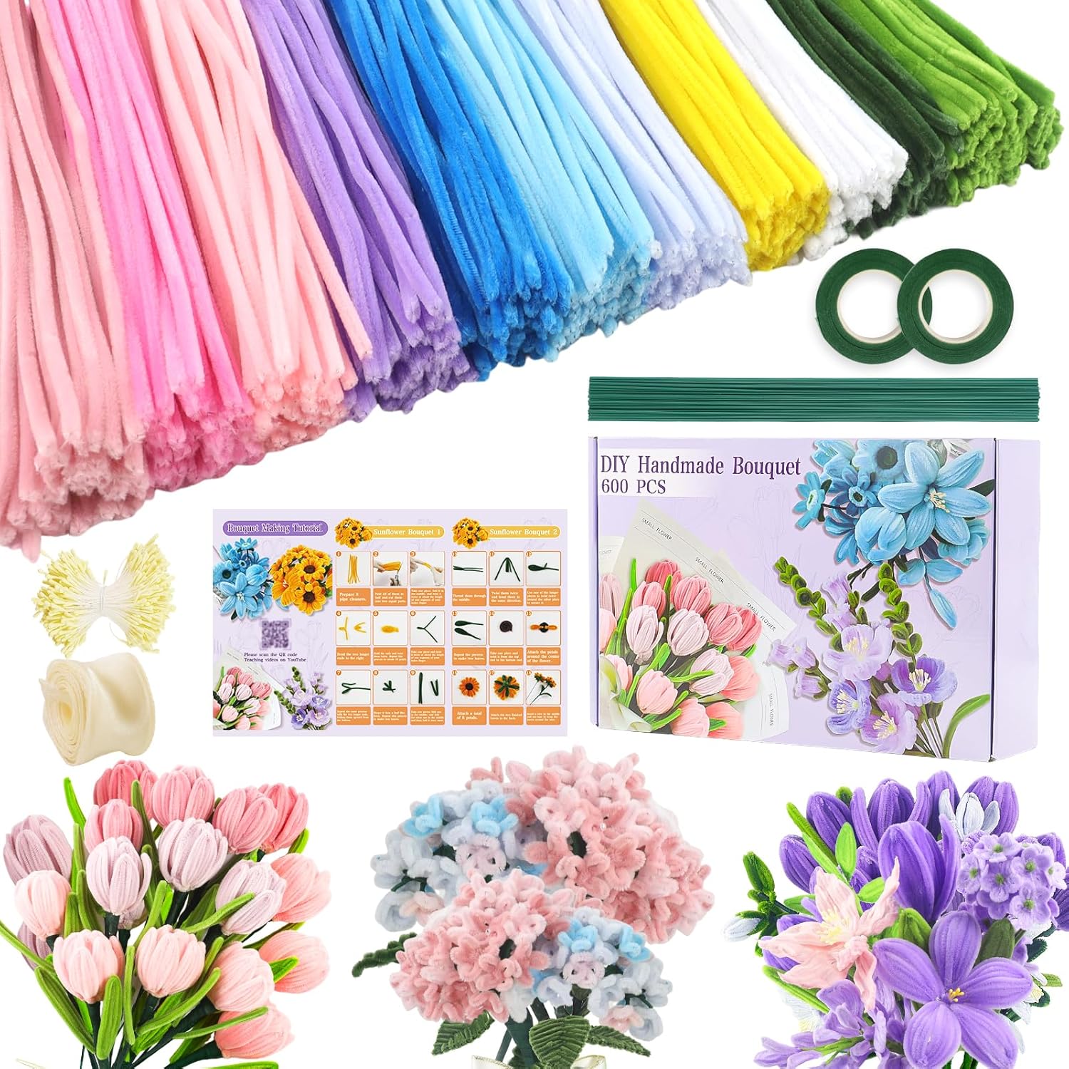 600 Pcs Pipe Cleaners Craft,11 Assorted Colors Pipe Cleaners Bulk, Chenille Stems for DIY Flower Making Kit with Floral Wires, Gardening Tape,Stamen& Ribbon