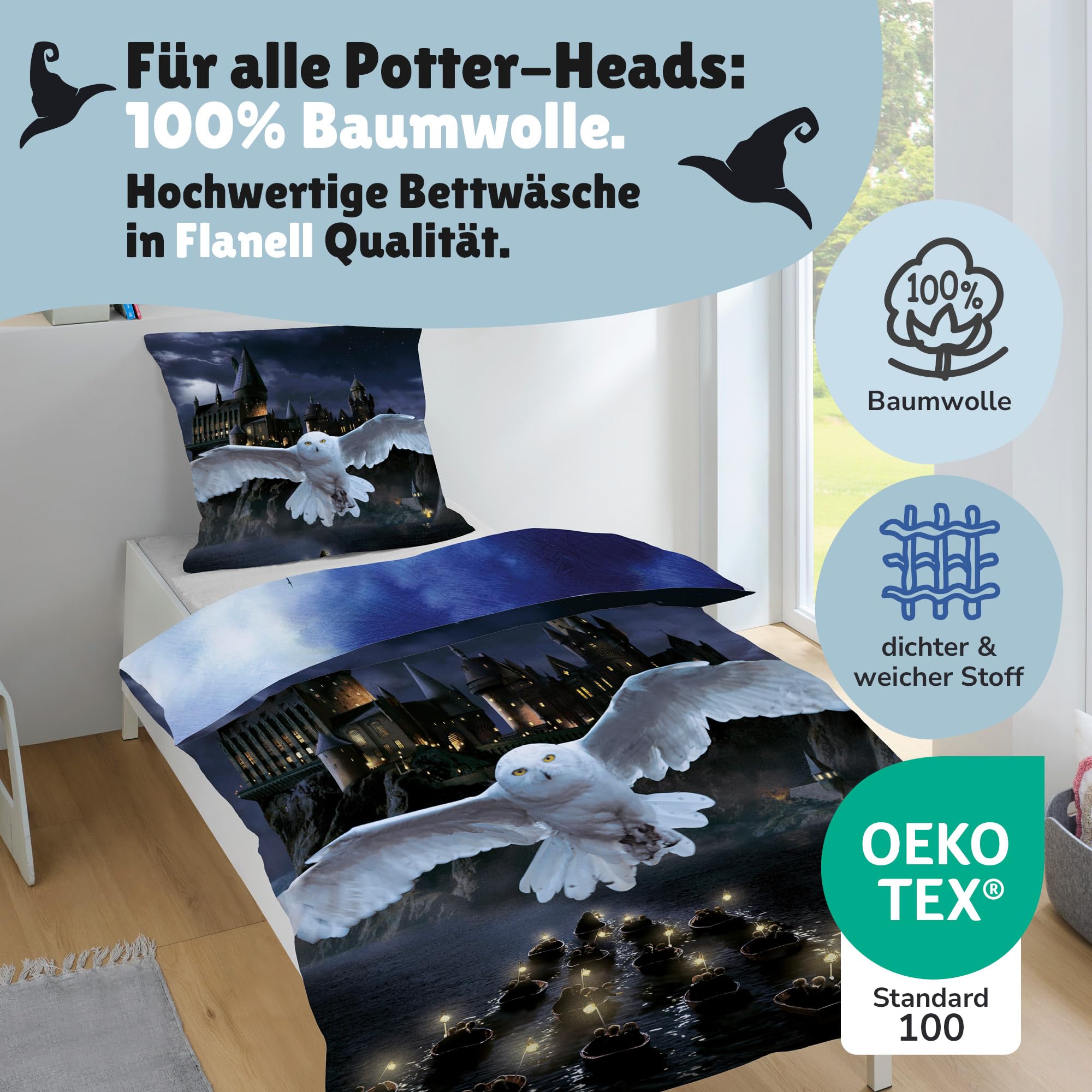 Familando – Harry Potter Bettwäsche-Set (2-teilig) – Decken- & Kissenbezug 135x200 cm & 80x80 cm mit Reißverschluss – Flanell aus 100% Baumwolle – Wendemotiv Hedwig & Hogwarts – Öko-TEX Zertifiziert