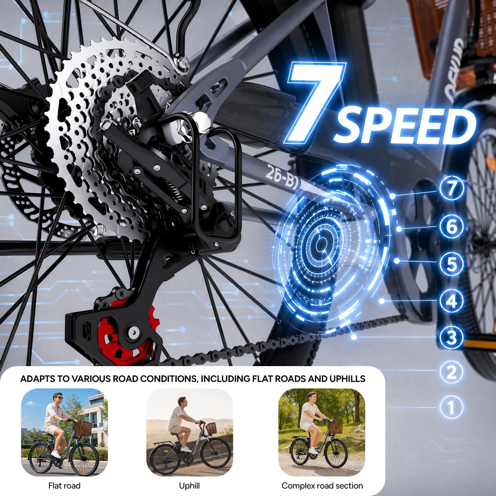 Vélo électrique pour femme/homme 26" avec panier à vélo, vélo de ville de trekking avec batterie 36 V 13 Ah, gris