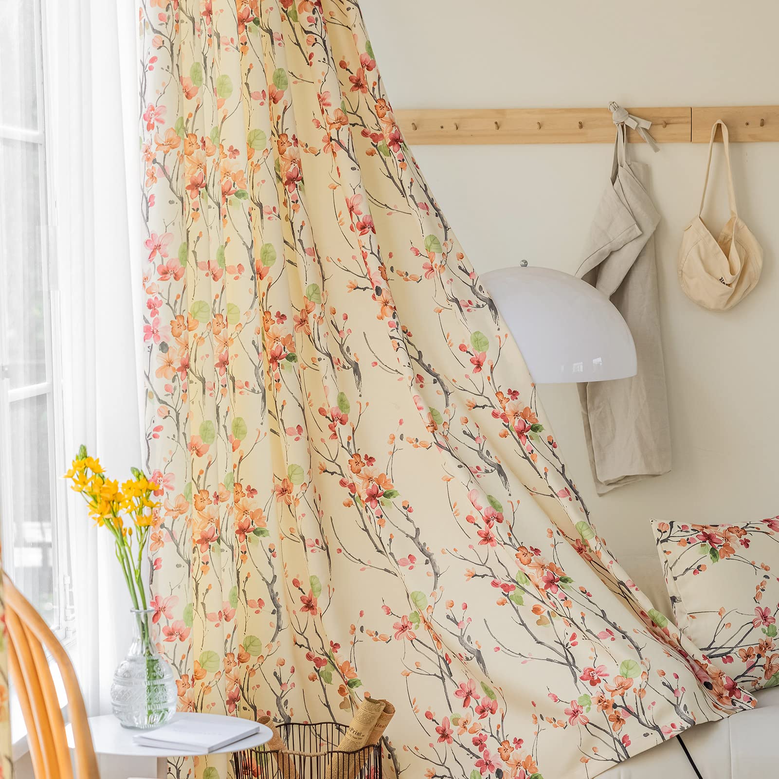 SUOUO Pink Floral Curtains for Living Room Chenille Patterned Cherry Blossom Flower Light Filtering Window Drapes Set for Girls Bedroom Dining 84 Inches Long 2 Panels