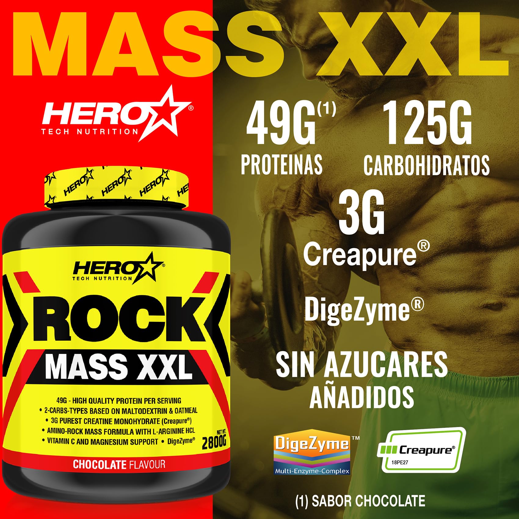 HERO TECH | ROCK MASS XXL 2800 Gr | Suplemento con Hidratos de Carbono y Proteína para Ganar Masa Muscular | Con Creatina, BCAA, Glutamina, Arginina, Vitamina C | Sin OGM (2.800 gr, Chocolate)