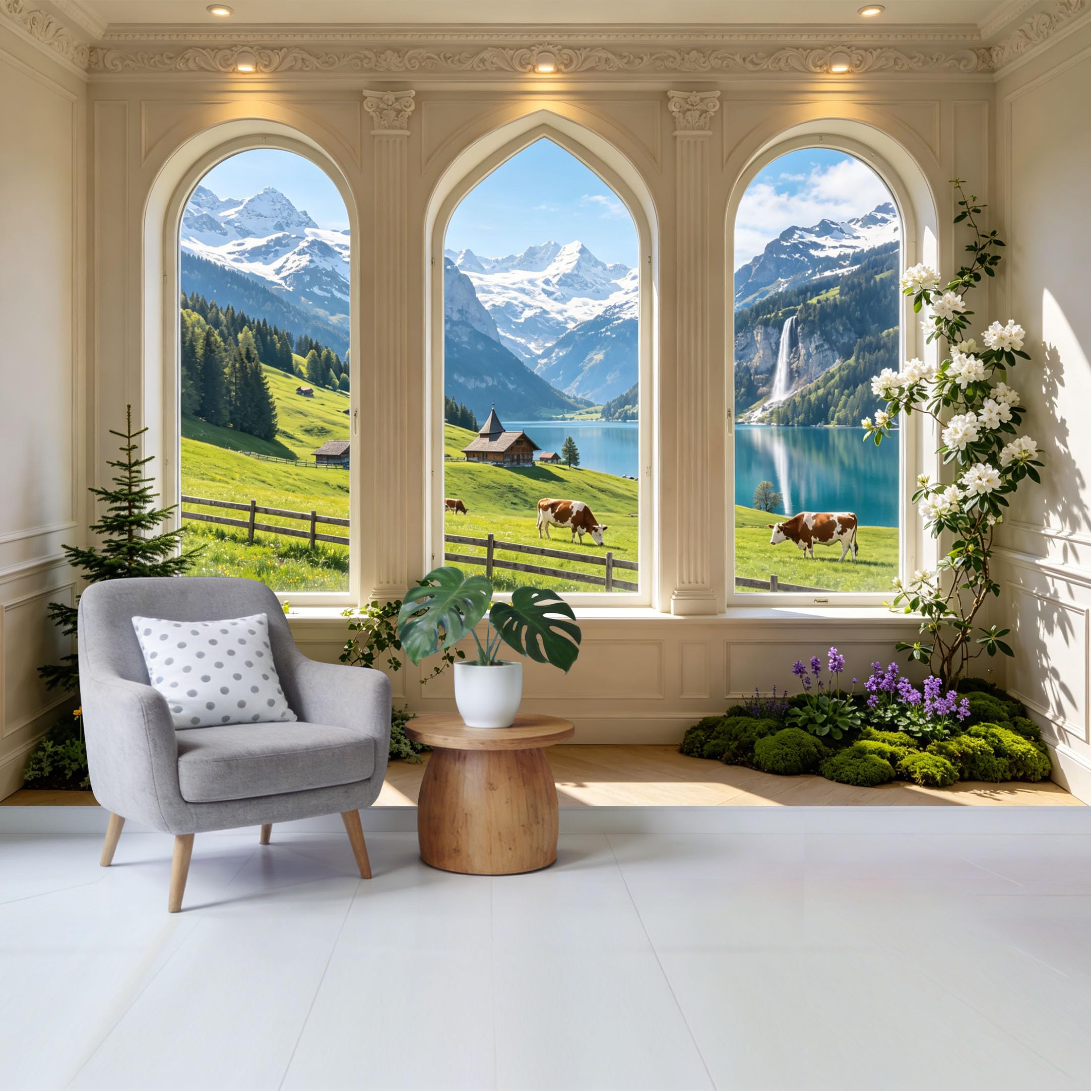 Removable Self Adhesive Fabric Mural， Alpine Lake Mountain Landscape Meadow Cow Custom Size Wall Covering， UV Protected Waterproof Washable Wall Decor for Living Room Bedroom Bathroom