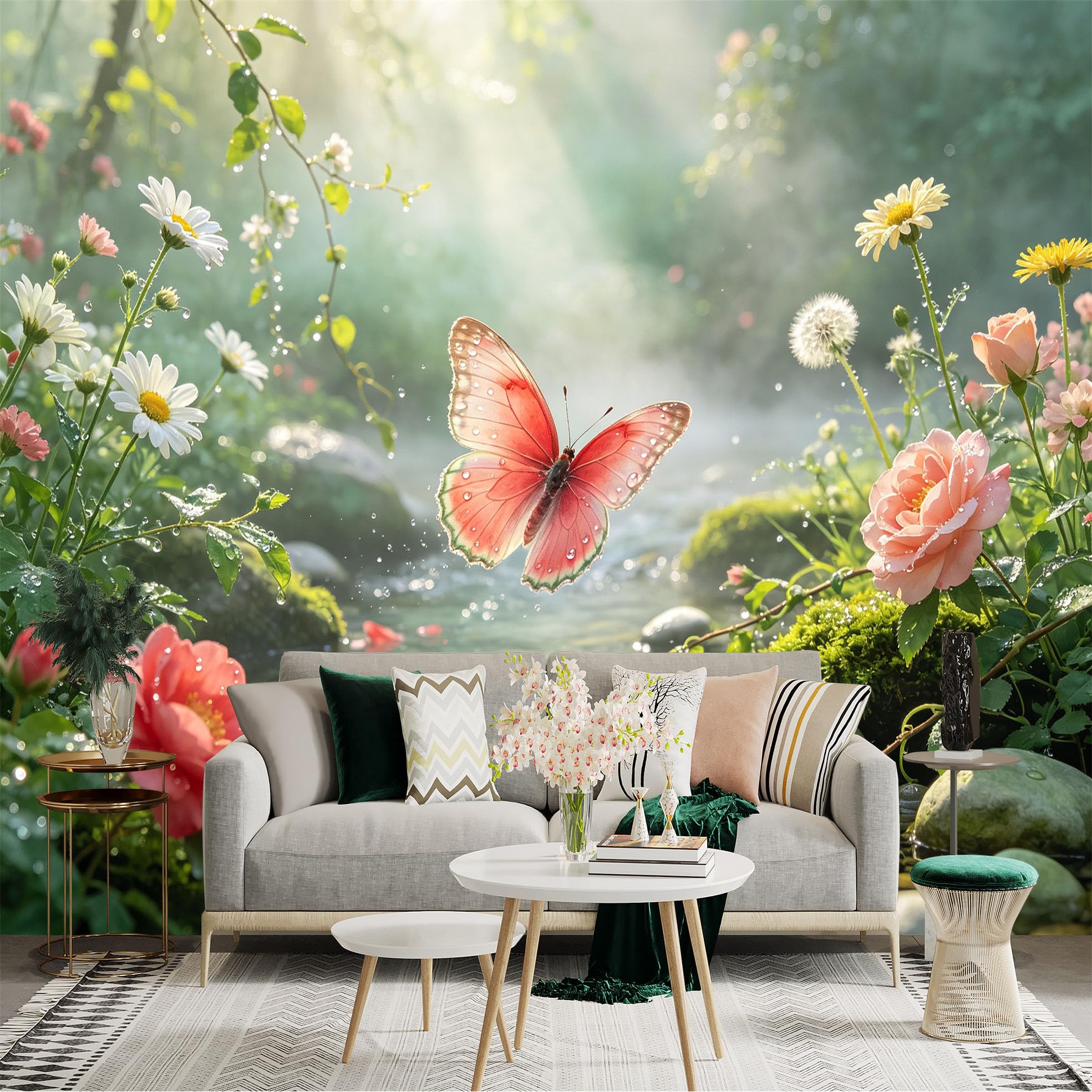 Lnzczhyre Bh260719402 Custom Size Wall Sticker Mural， Red Butterfly， Wildflowers By The Brook， Morning Mist， Peaceful Garden Scenery， For Wall Decoration， Peelandstick Wall Decals.