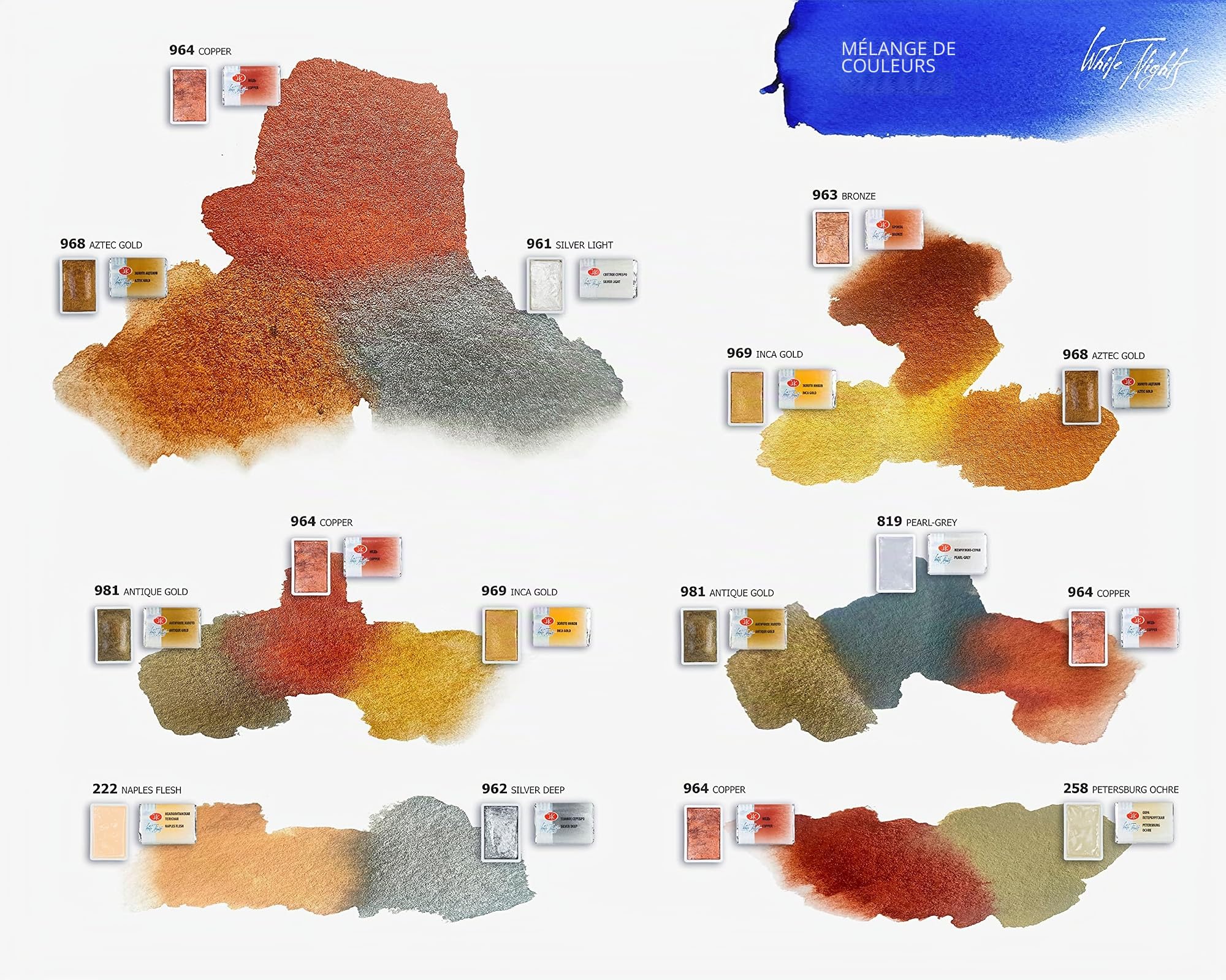 White Nights Coffret Aquarelles Metallic and Pastel - Set de 12 godets 2,5 ml Boite plastique palette