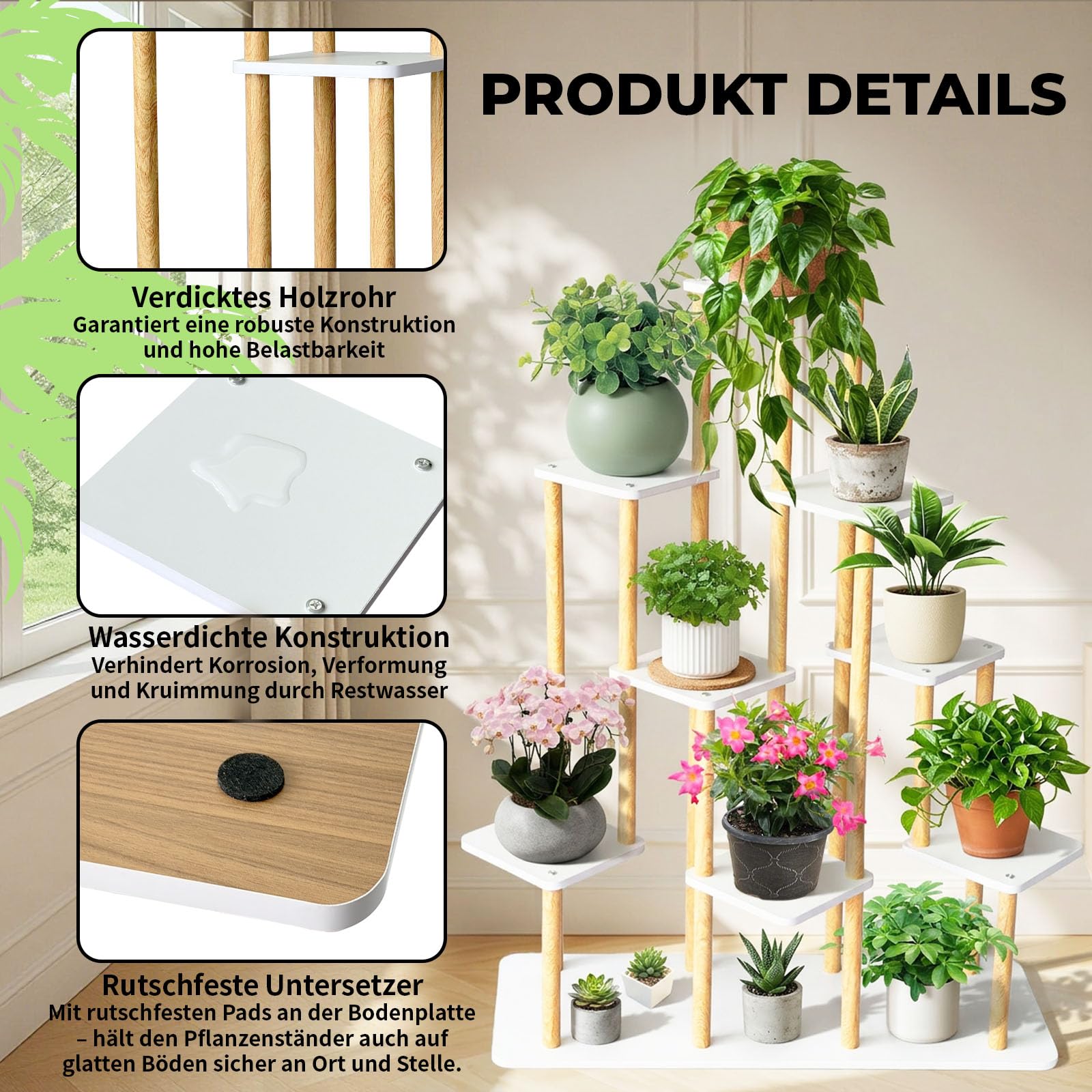9 Ebenen Blumenständer Pflanzenständer, Mehrstöckig Hölzern Pflanzen | Display Regal Dekoration, Platzsparendes Pflanzenregal für Wohnzimmer, Balkon und Garten