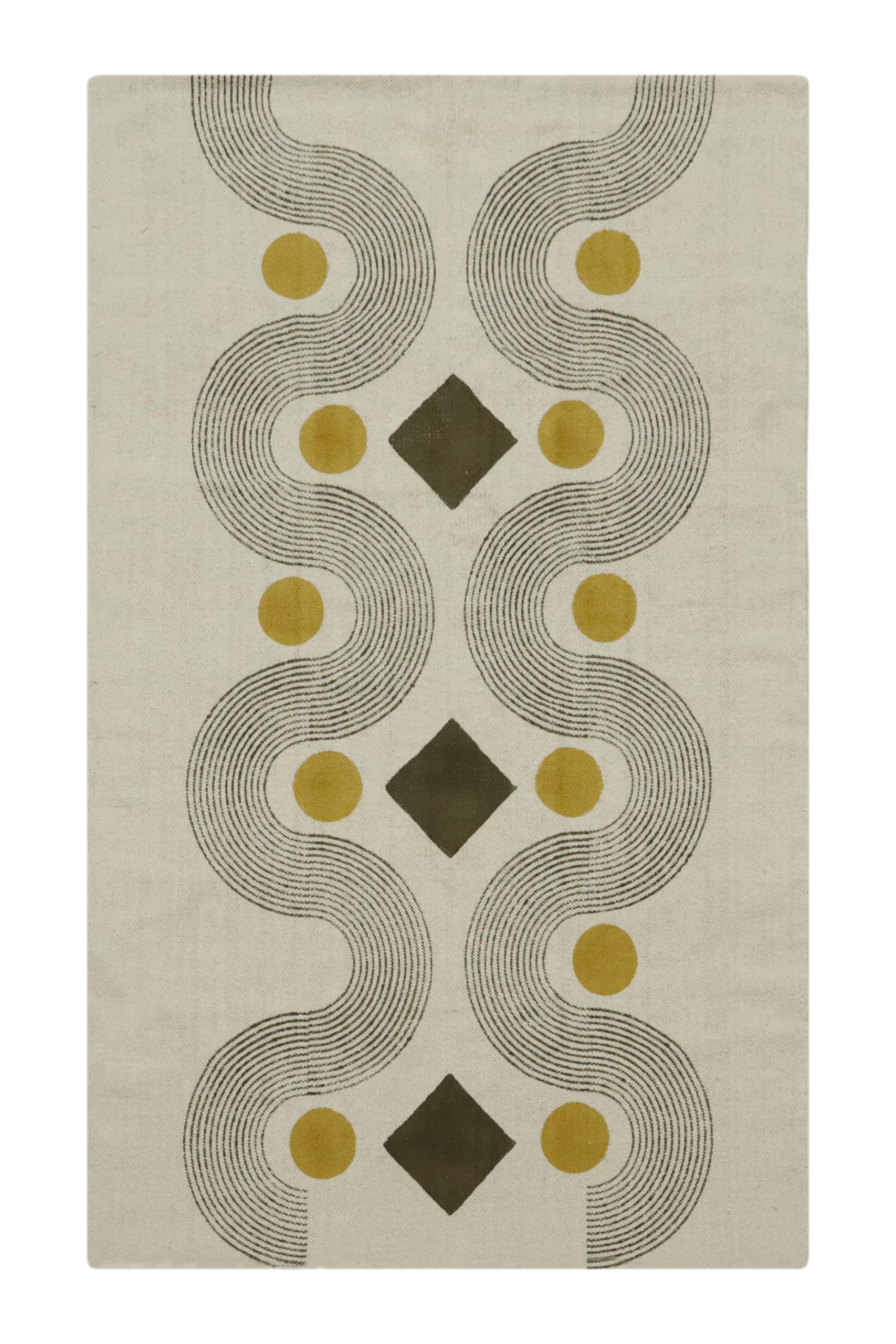 Tappeto Kilim in cotone stampato a mano da 1,8 m, quadrato, lavabile 0,5 cm, lavabile a mano, tessuto piatto, beige e giallo, geometrico, per interni ed esterni, per sala da pranzo, sala da
