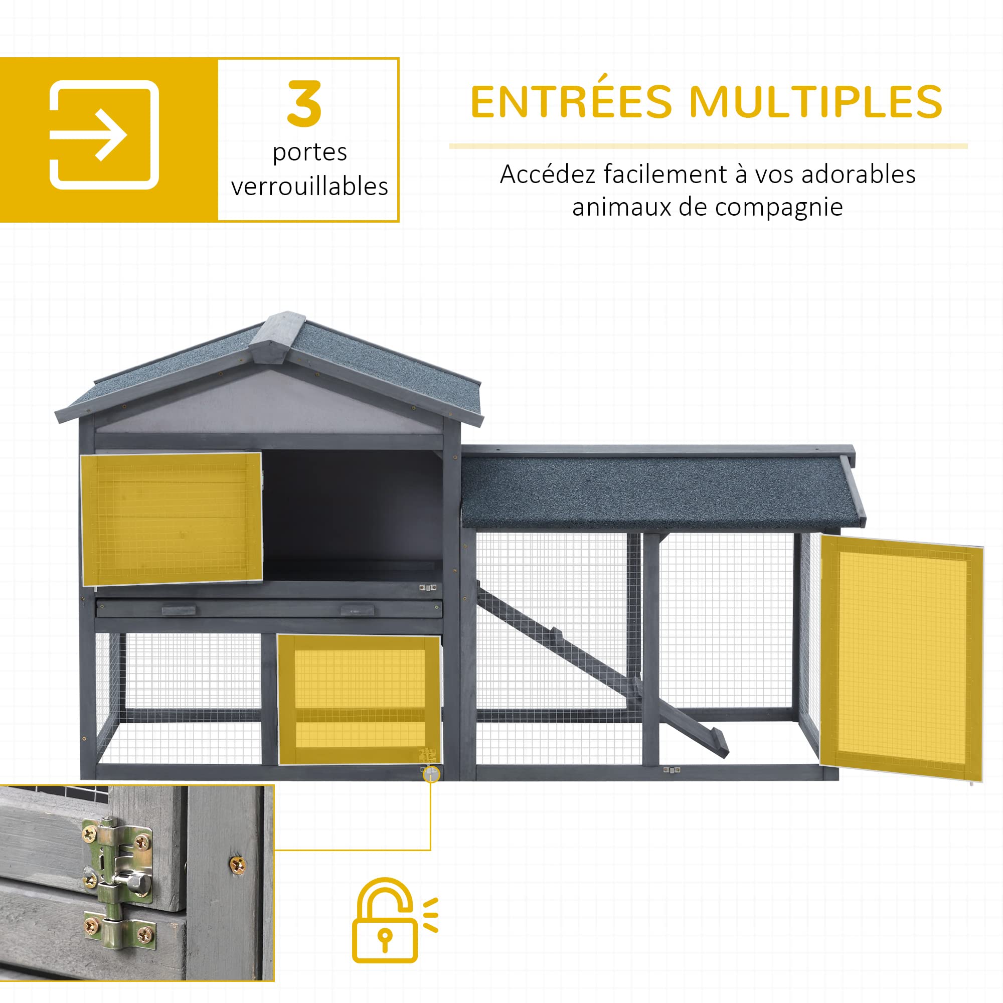 PawHut Clapier Cage à Lapins rongeurs 2 Niveaux clapier Lapin Nain avec 3 Portes verrouillables tiroir à déjection Toit intégral bitumé 147L x 54l x 84H cm Bois Massif pin Gris