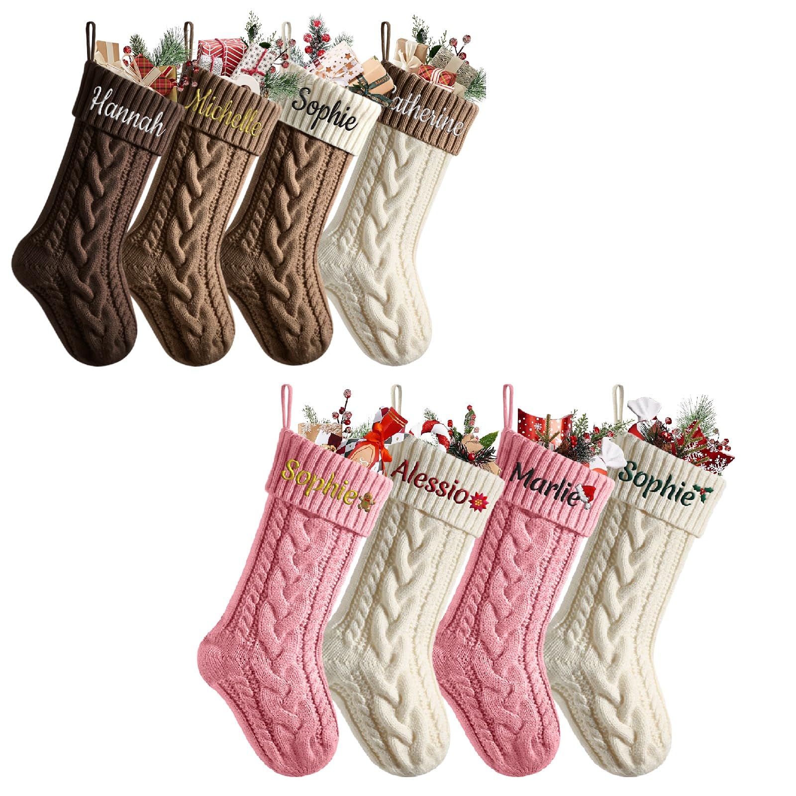 papasgix Personalised Christmas Stockings Custom Embroidery Name Christmas Stocking 18” Large Knit Knitted Xmas Stocking Home Christmas Decorations Cards Hook (1PC Brown+Pink)