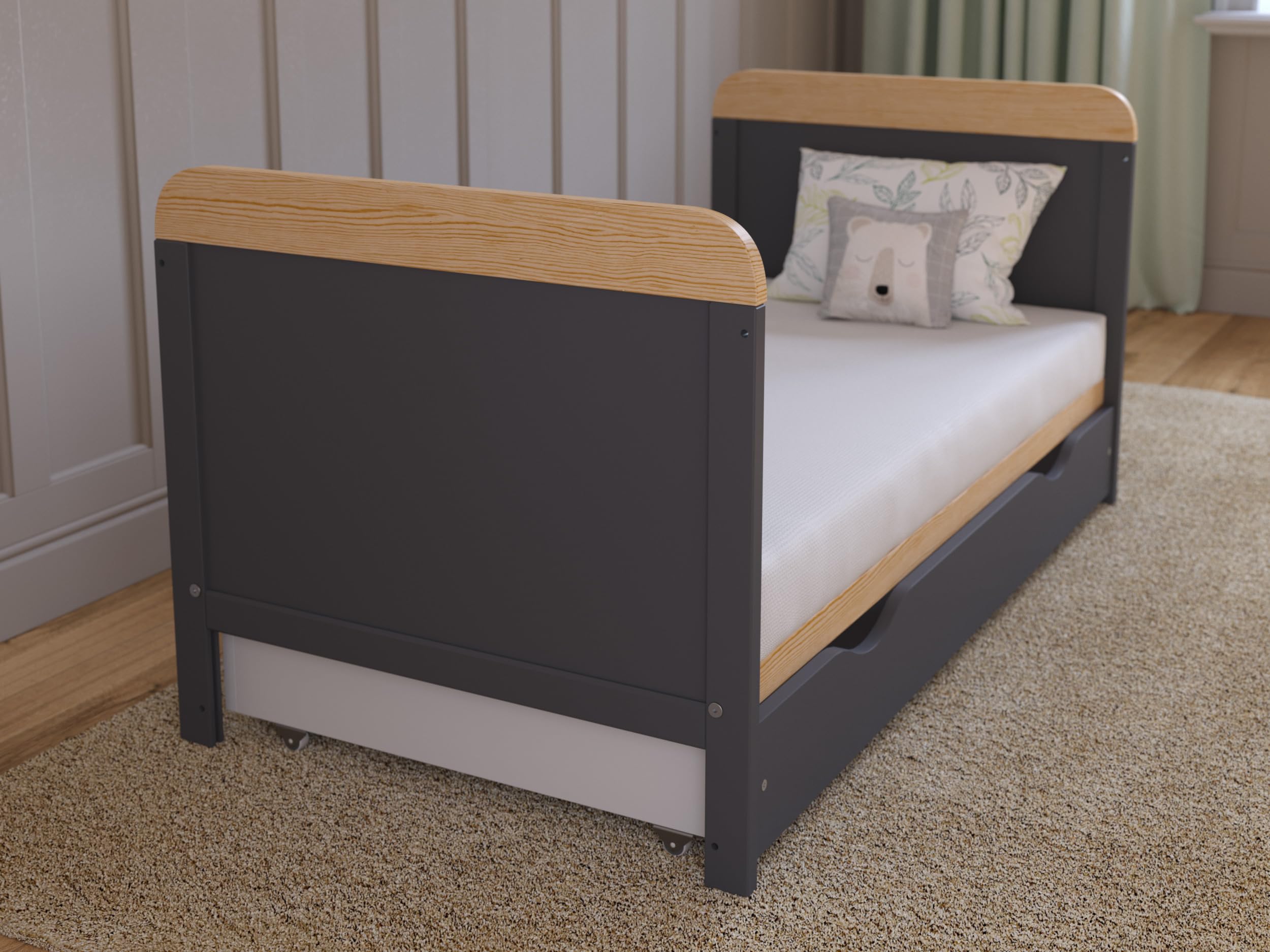 Love For Sleep Culla Neonato Con Materasso & Cassetto 120x60 cm Antracite-Pino - Culla Neonato Legno Con Ruote, Lettino Neonato Legno Completo - Lettino Bambino 0-3 Anni, Culla Lettino Neonato