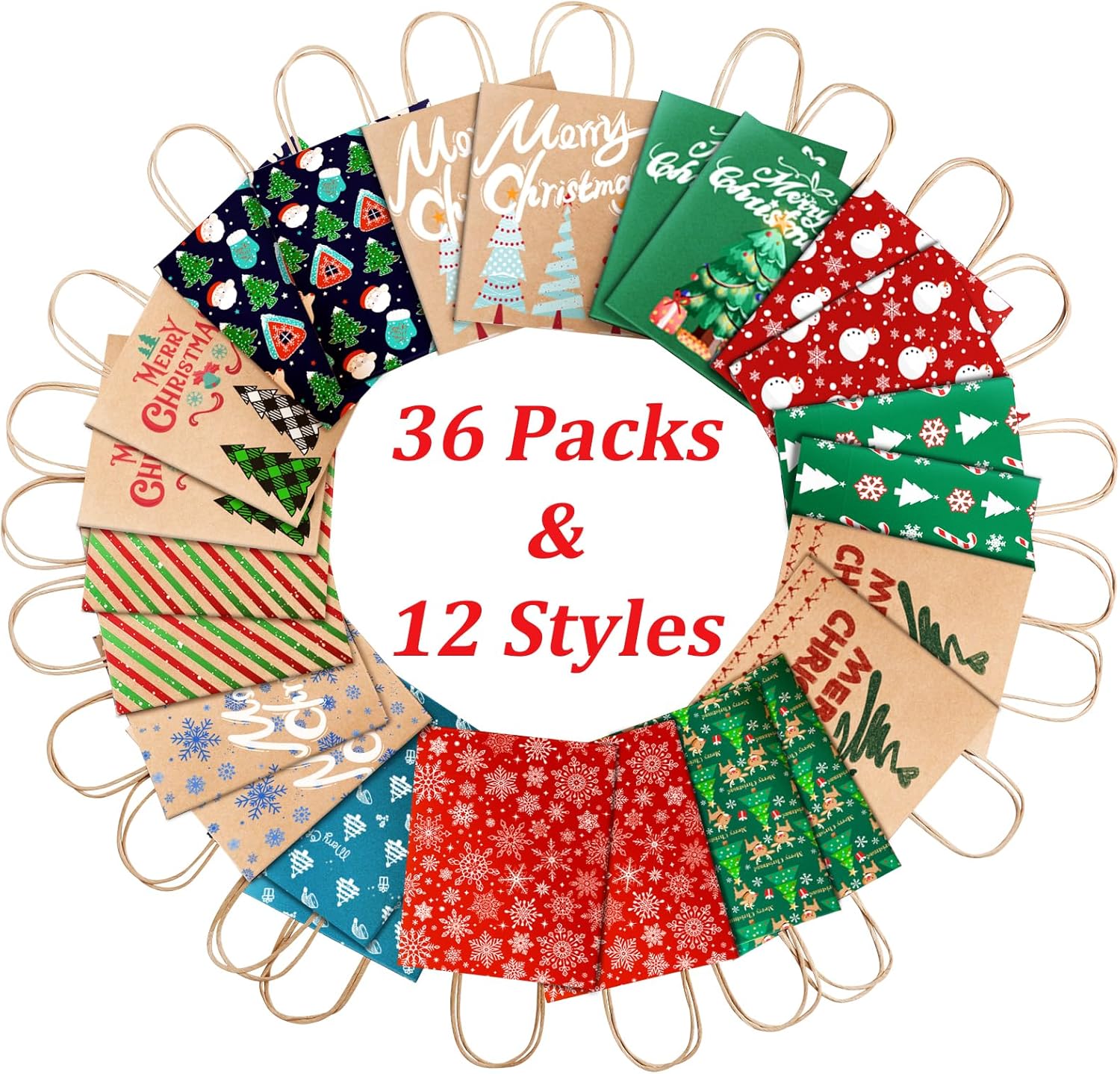 DeckTheHalls Christmas Bags, Small Holiday Kraft Paper Bags, 36 Pack & 12 Styles Bulk Gift Bags With Handles, Party, Goody Bags for Xmas Party Favors