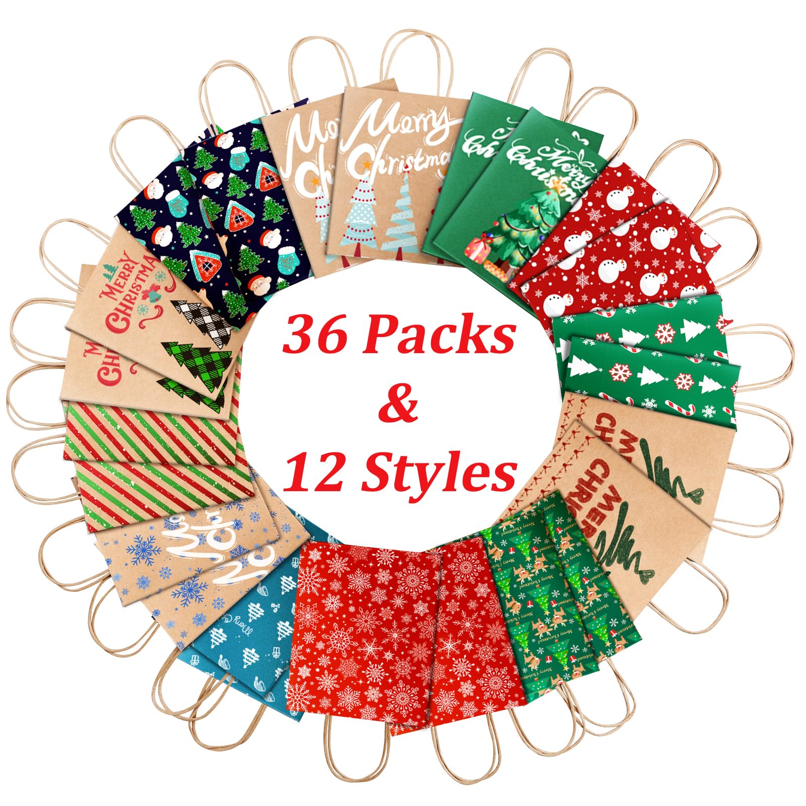 DeckTheHalls Bolsas de Navidad, pequeñas bolsas de papel kraft para vacaciones, paquete de 36 y 12 estilos de bolsas de regalo a granel con asas, bolsas de venta al por menor, bolsas de fiesta, bolsas