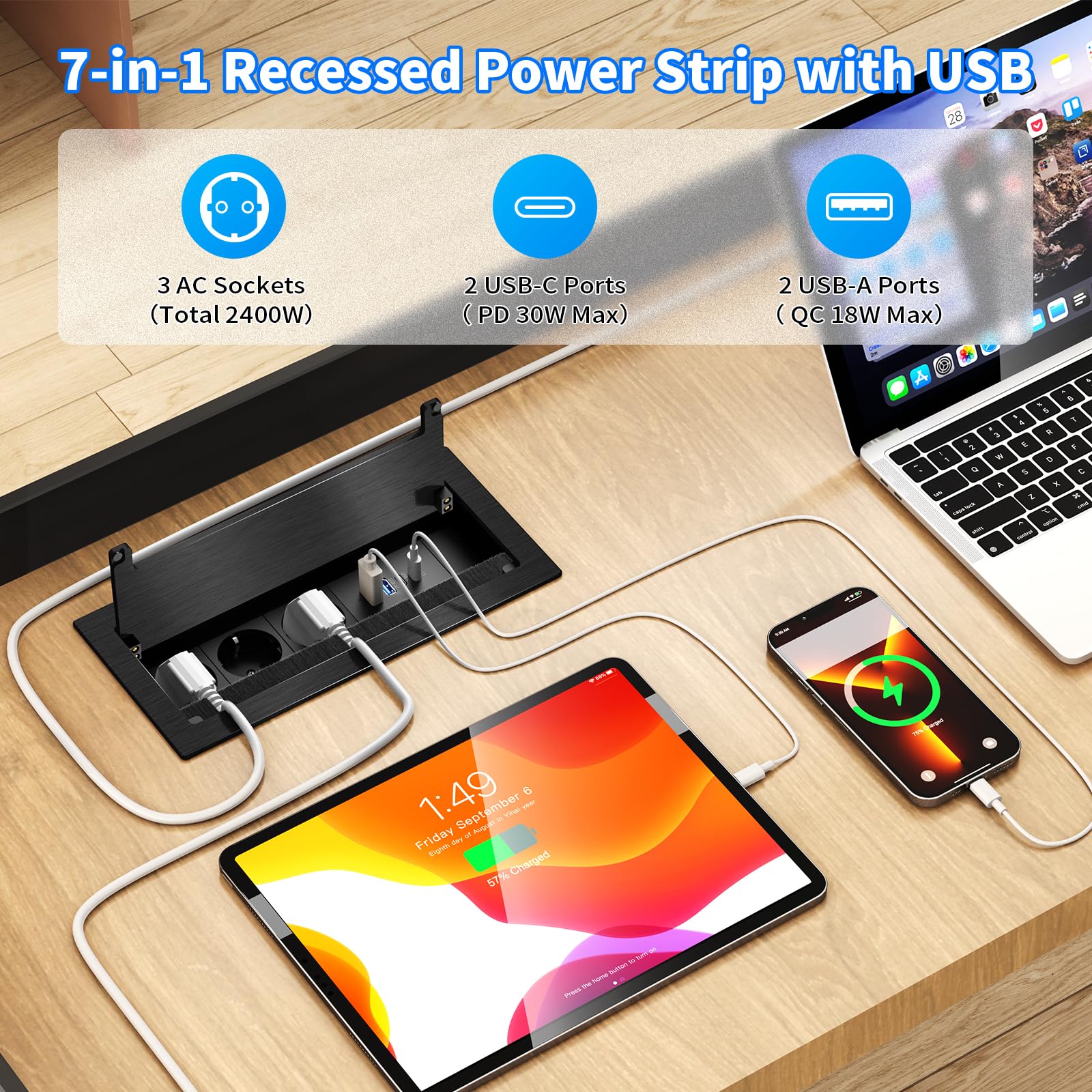 Enchufe empotrable de Aluminio para Cocina, encimera y Oficina con 3 Tomas de Corriente, 2 Puertos USB-C PD 30W y 2 USB-A, regleta de enchufes empotrable con Cable de 1,8 m, Color Negro