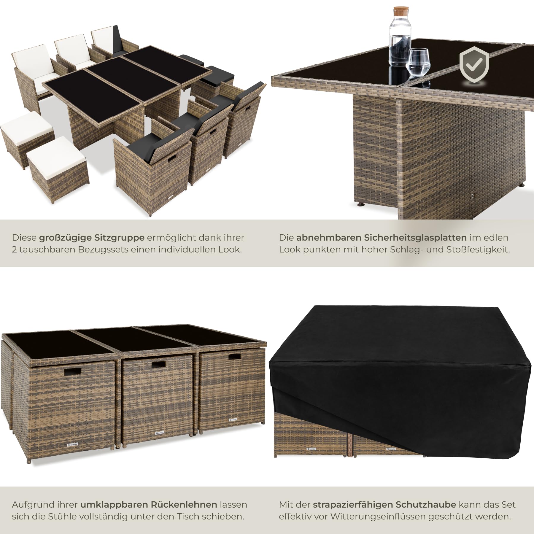tectake® Polyrattan Gartenmöbel Set, Sitzgruppe mit 6 Stühle + 1 Glasplatte Tisch + 4 Hocker, Gartenlounge Set klappbar mit Aluminium Gestell, für 10 Personen, Balkon Möbel, inkl. 2 Bezugsset - Natur