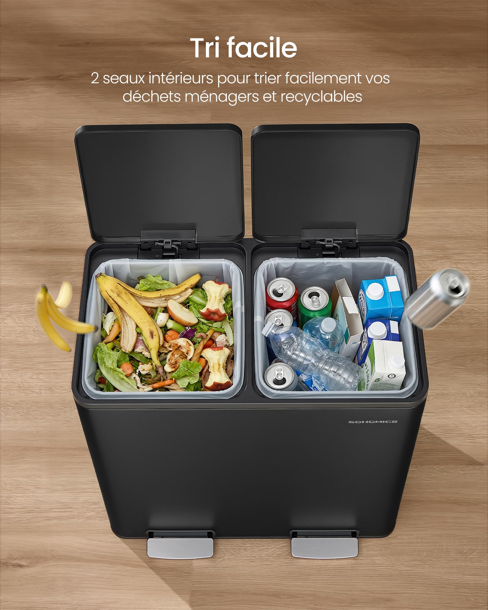 SONGMICS Poubelle de Cuisine 2 x 30 L, Corbeille de Tri 2 Compartiments, avec 15 Sacs Poubelle, Seaux Amovibles, avec Couvercle, Poignées, Fermeture en Douceur, en Acier, Noir d'Encre LTB160BZ02