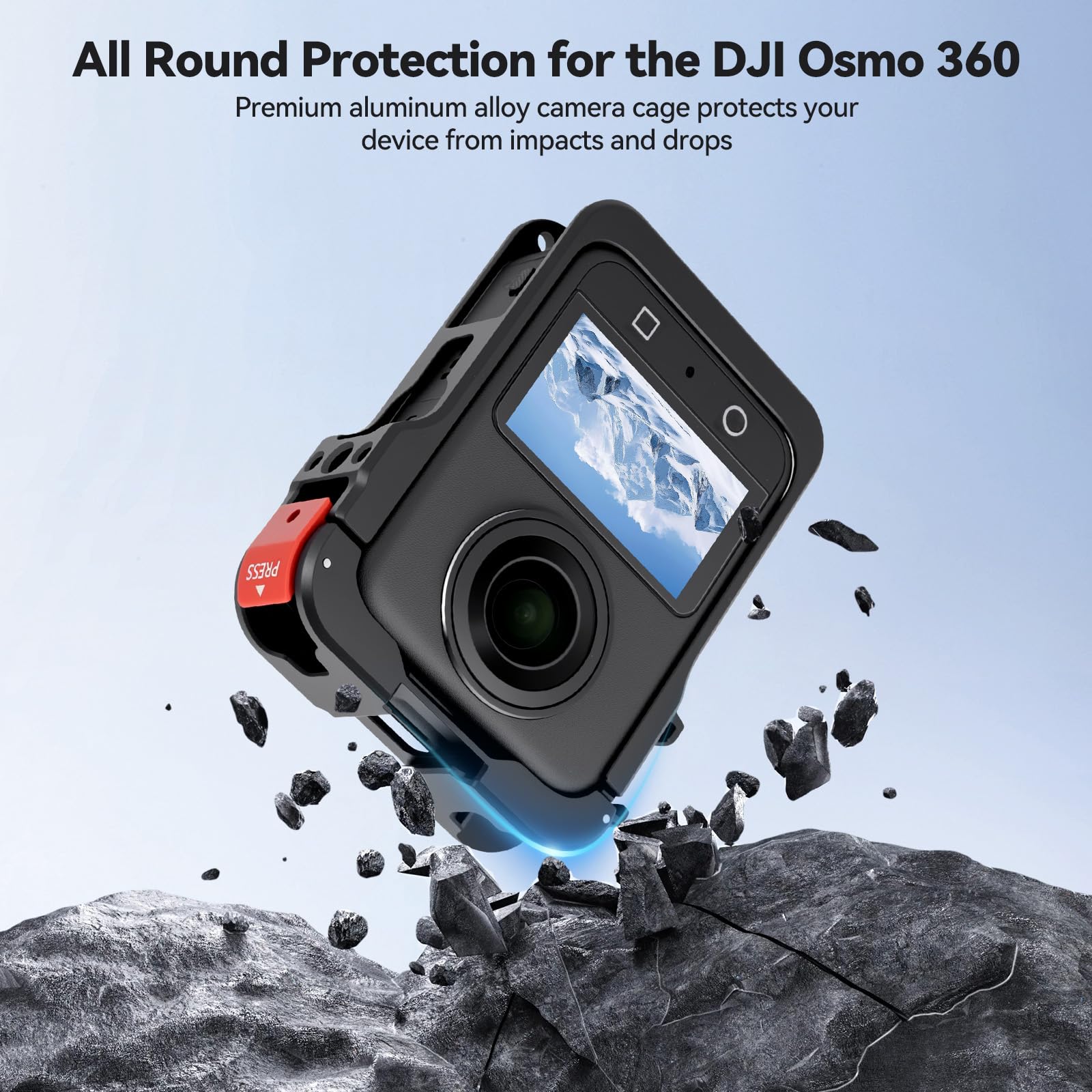 UTEBIT Caméra Cage pour DJI OSMO 360, Coque de Protection Robuste en Alliage d'Aluminium avec Protection d'objectif en Silicone, Protection d'écran, Boîtier d'extension pour DJI Osmo 360