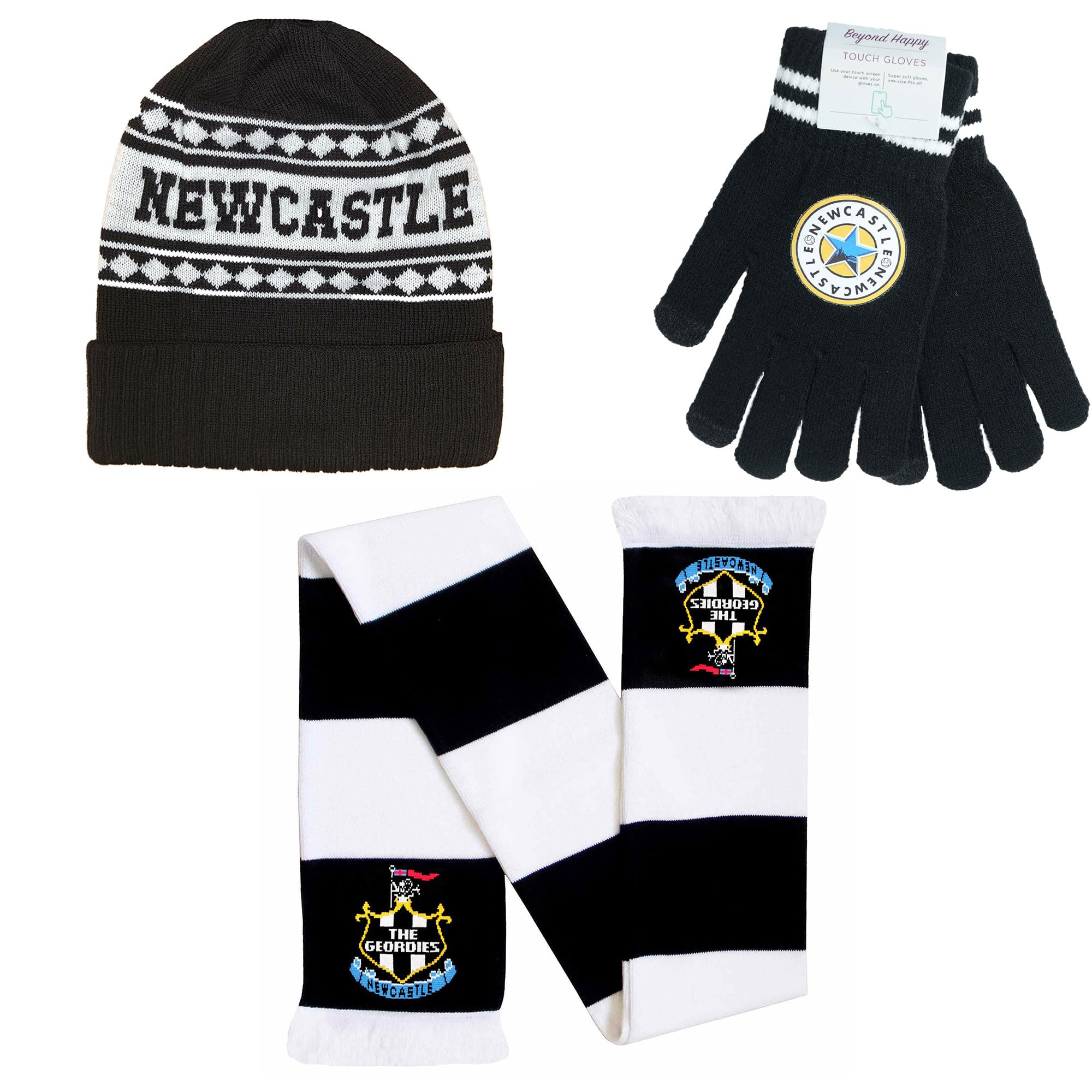 Beyond Happy Unisex Multicolor Newcastle Ski Hat, Scarf & Gloves Set - Geordie Winter Accessories Set - Magpies Gift (Bronx Hat, Scarf & Gloves)