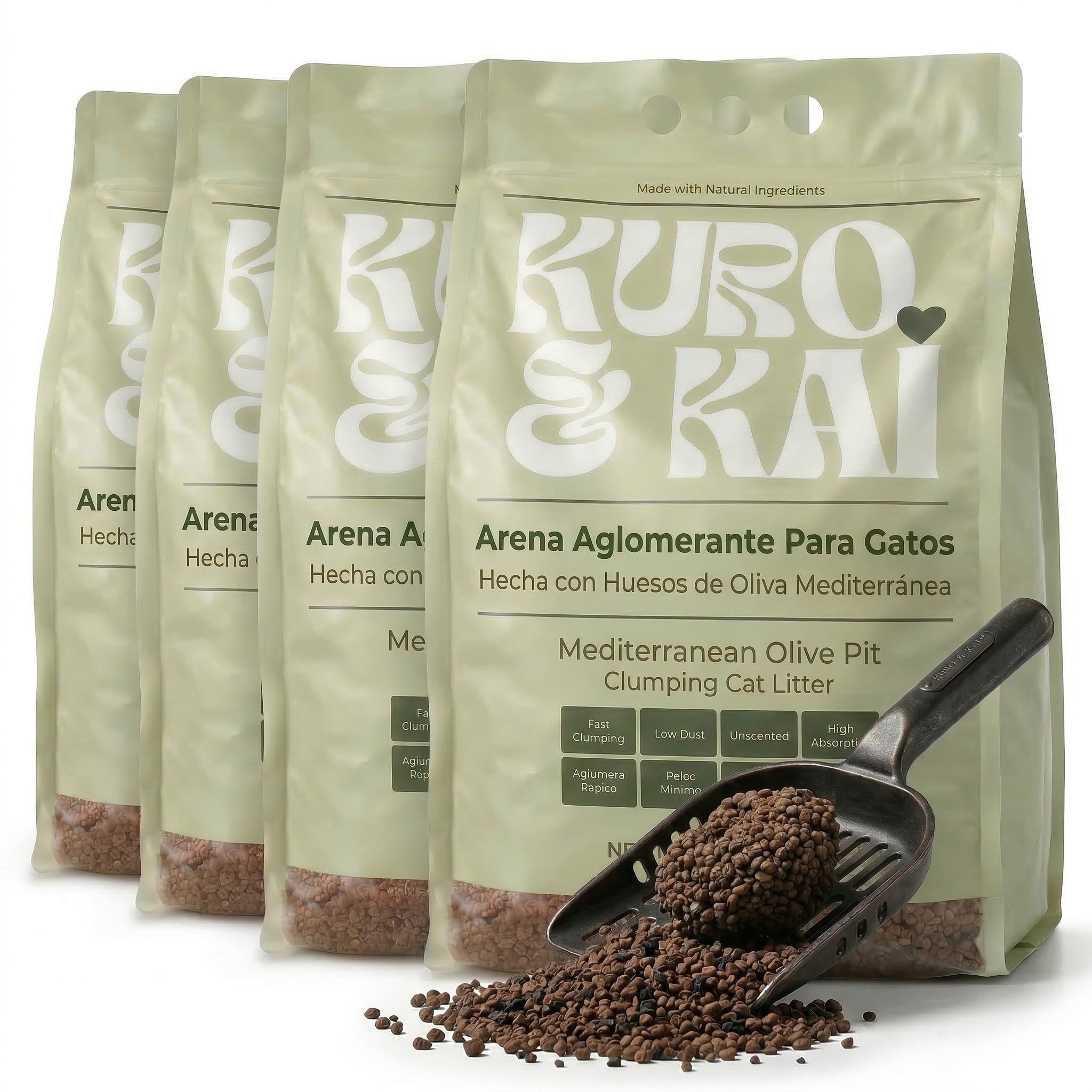 KURO & KAI Litière agglomérante naturelle pour chats - Os d'olive au charbon actif, sans parfum, peu de poussière, lot de 4 unités, 19,2 kg/28 l