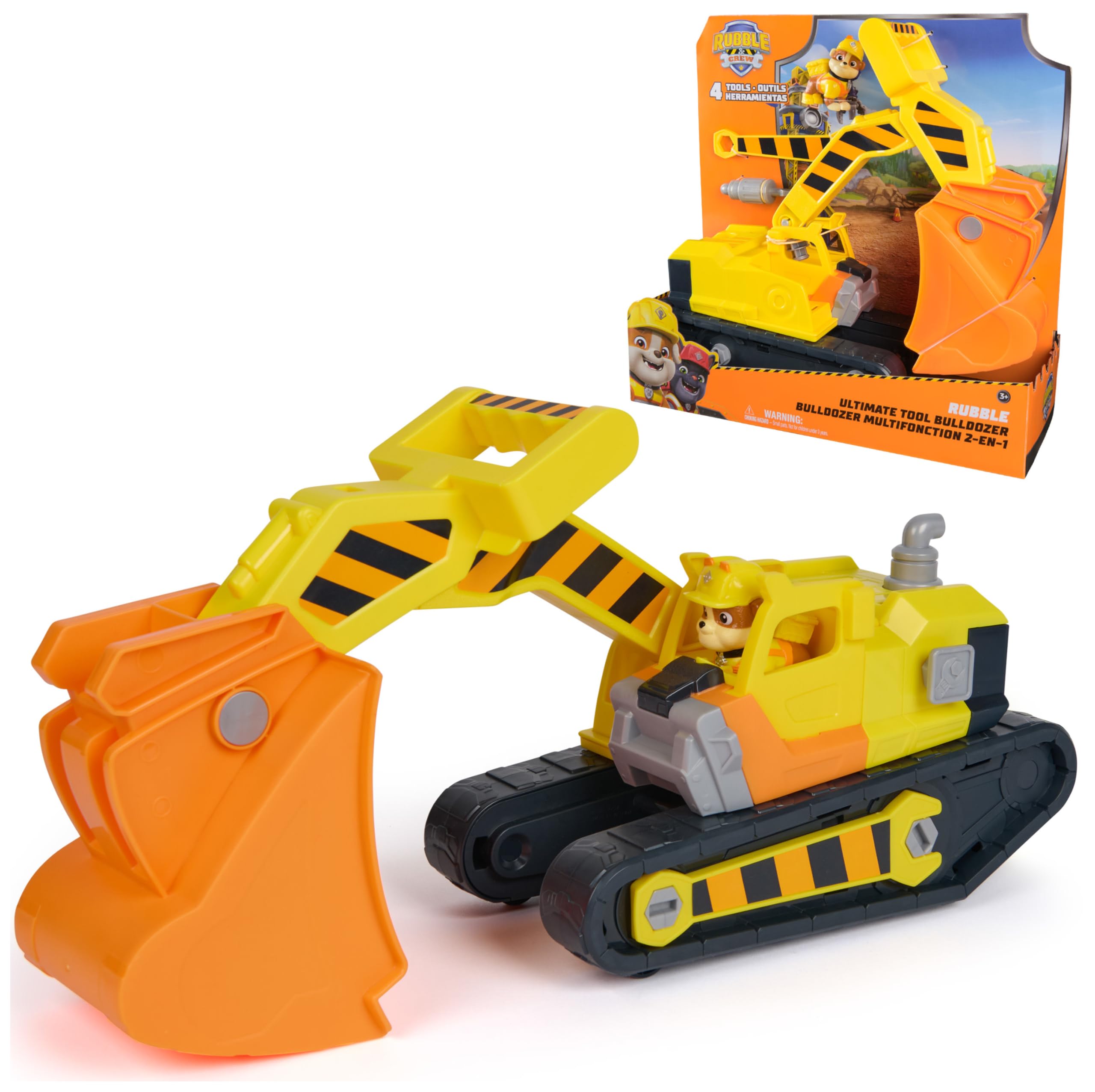 Rubble & Crew – Rubbles extragroßer 2-in-1 Premium-Bagger und Planierraupe mit Werkzeug, 35 cm, inklusive Rubble Figur, Spielzeug für Kinder ab 3 Jahren