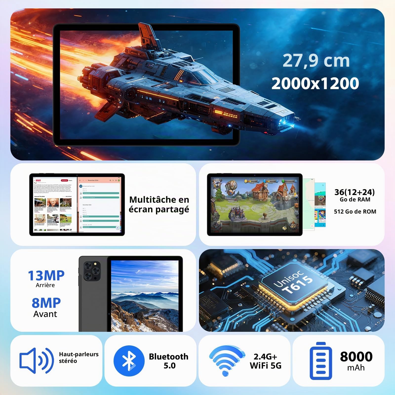 Tablette 11 Pouces Android 16 Tablet Tactile avec 5G WLAN,Octa-Core,36GB+256GB/TF 1TB/8000mAh/13MP+8MP/GPS/GMS,BT5,Tablette avec Clavier,Noir