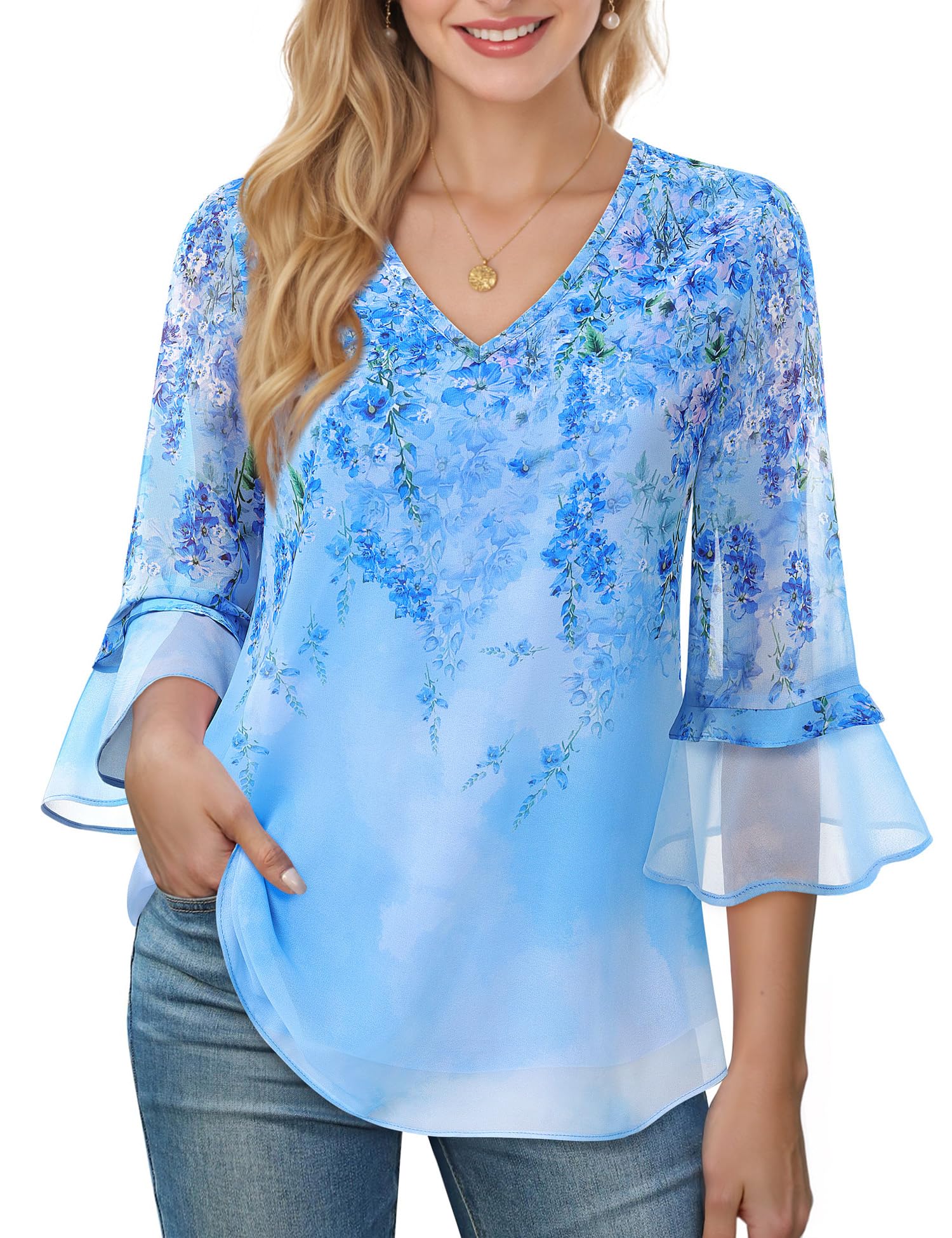 Vafoly Camicette da donna eleganti casual a maniche a 3/4 con scollo a V floreale chiffon