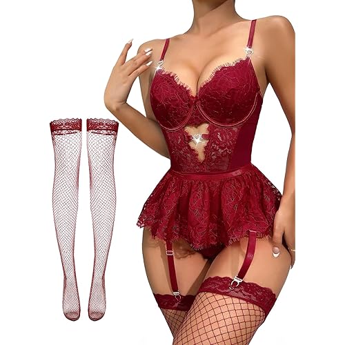 Lilosy Sexy Stocking Heart Rhinestones Underwire Babydoll Lace Mesh Garter