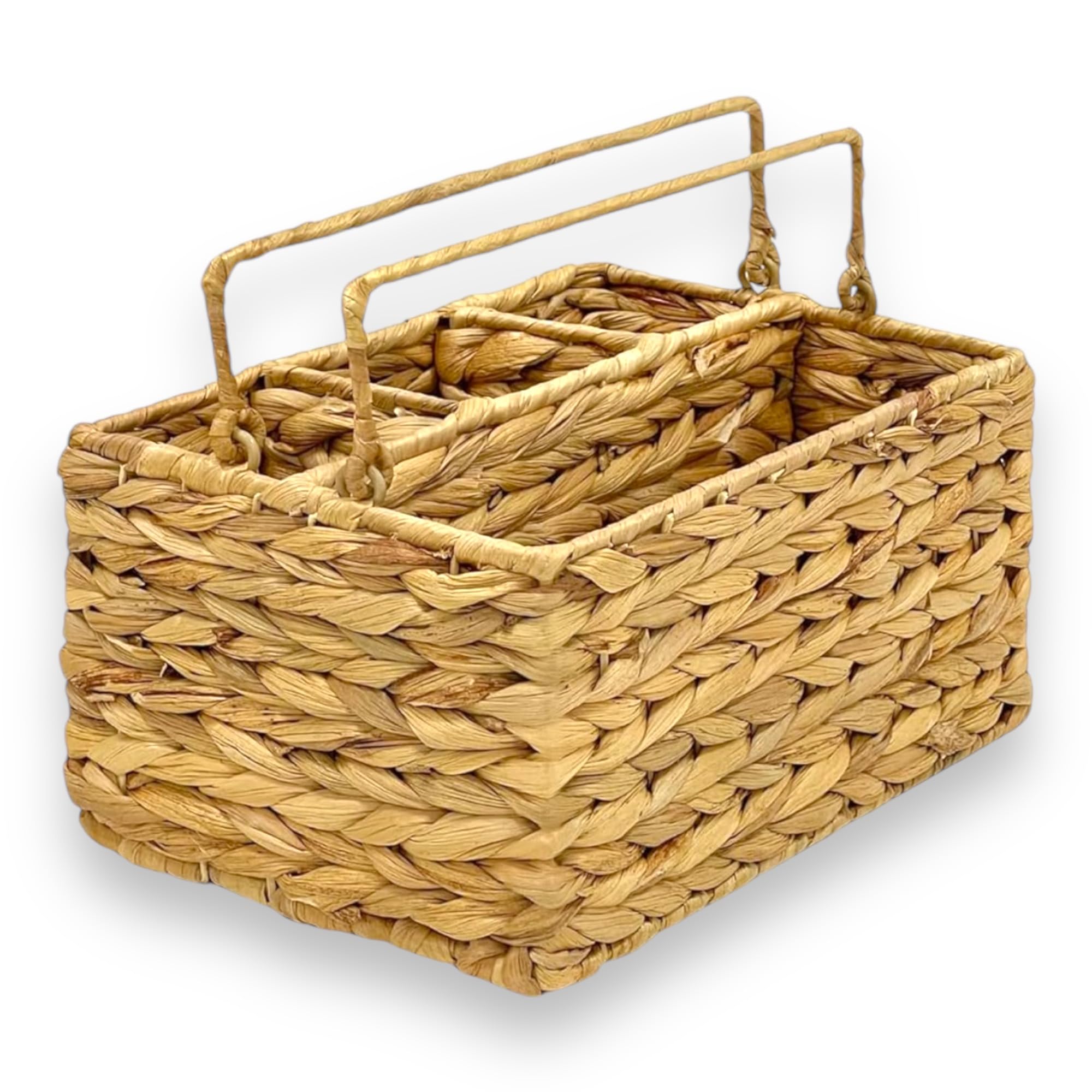 Large Wicker Utensil Caddy Carrier | Water hyacinth Woven Condiment Holder for Table - Kitchen Set Counter Top Organizer - Rustic Small Storage for Dinner Set, Wine