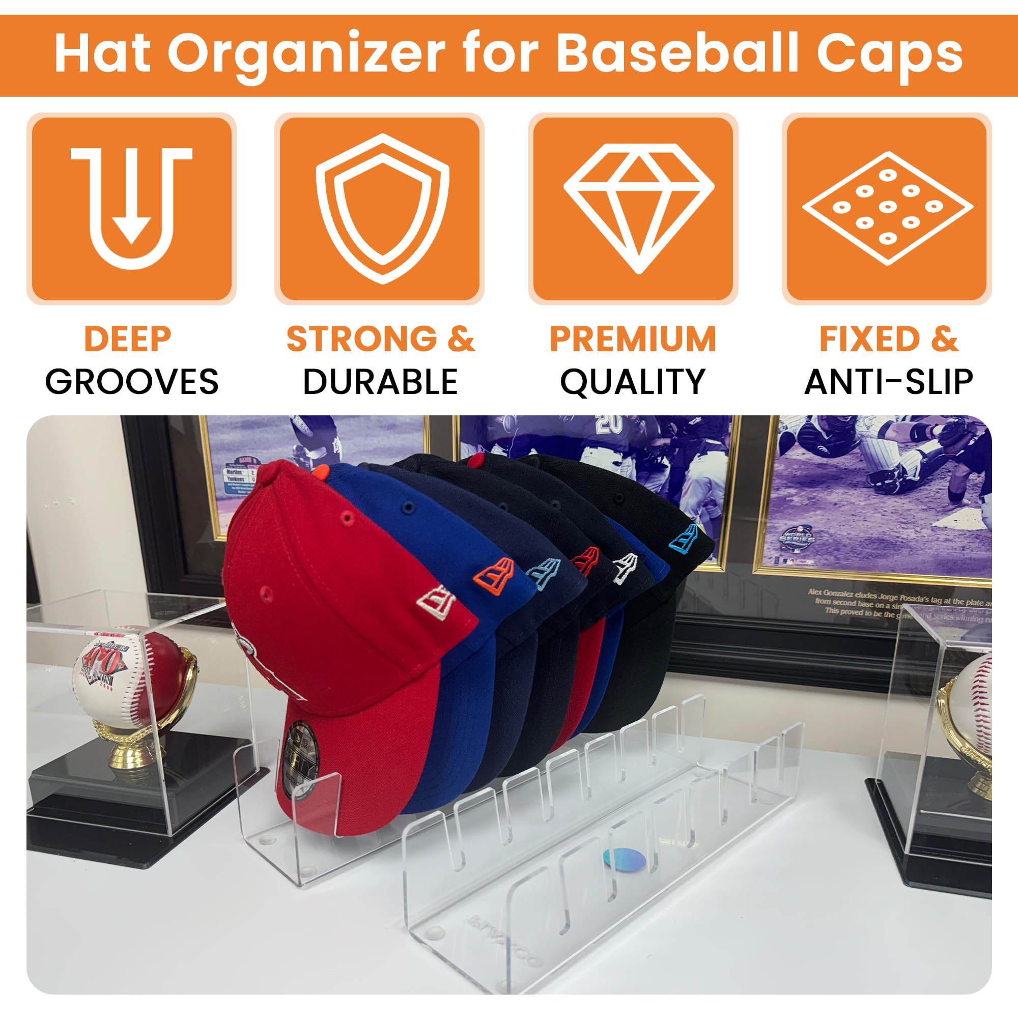 PLAXCO Hat Organizer for Baseball Caps – 2 Pack Acrylic Hat Rack Holds 14 Caps with Deep Grooves – Wall Mount or Shelf Hat Holder for Closet, Bedroom, Office – Space-Saving Baseball Cap Storage