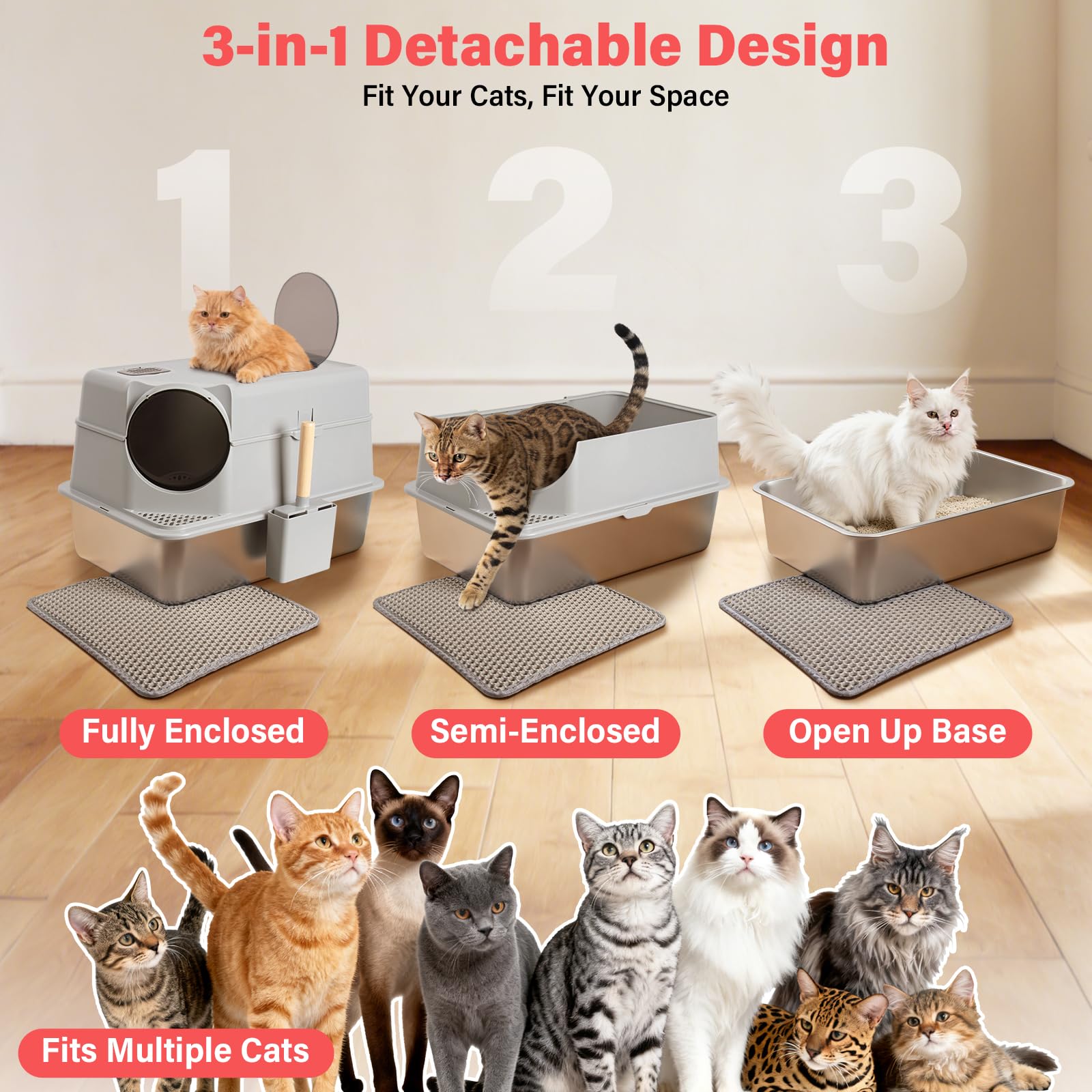 Enclosed Stainless Steel Cat Litter Box with Lid, XL Large Metal Litter Box Stainless Steel, Odor-Free/Anti-Leakage & Non-Stick/Easy Clean, High Sided Litter Box with Mat & Scoop for Big Cats - image 3