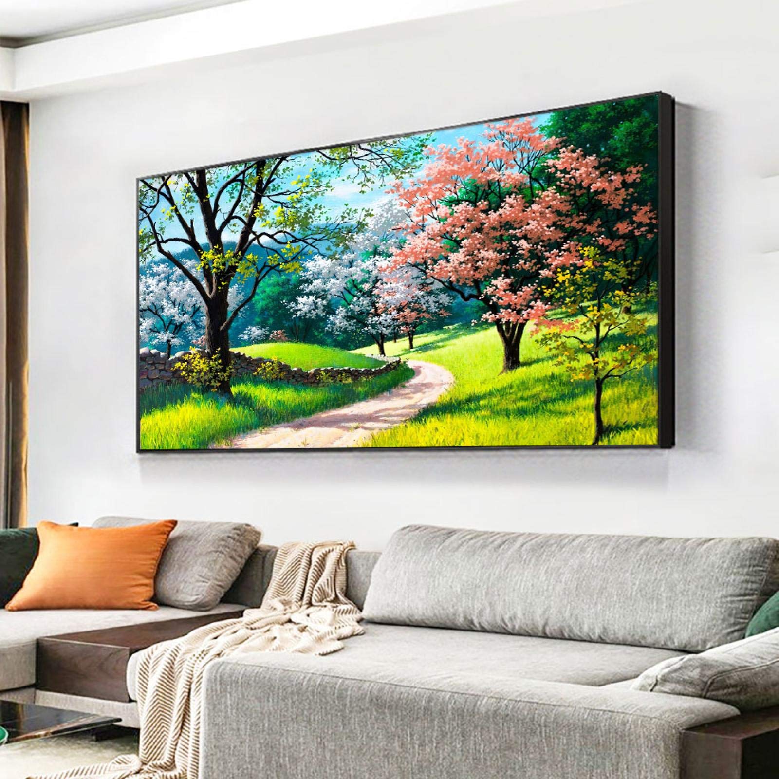 Amazon｜キャンバスに絵画緑の木ピンクの花絵画現代風景壁アート