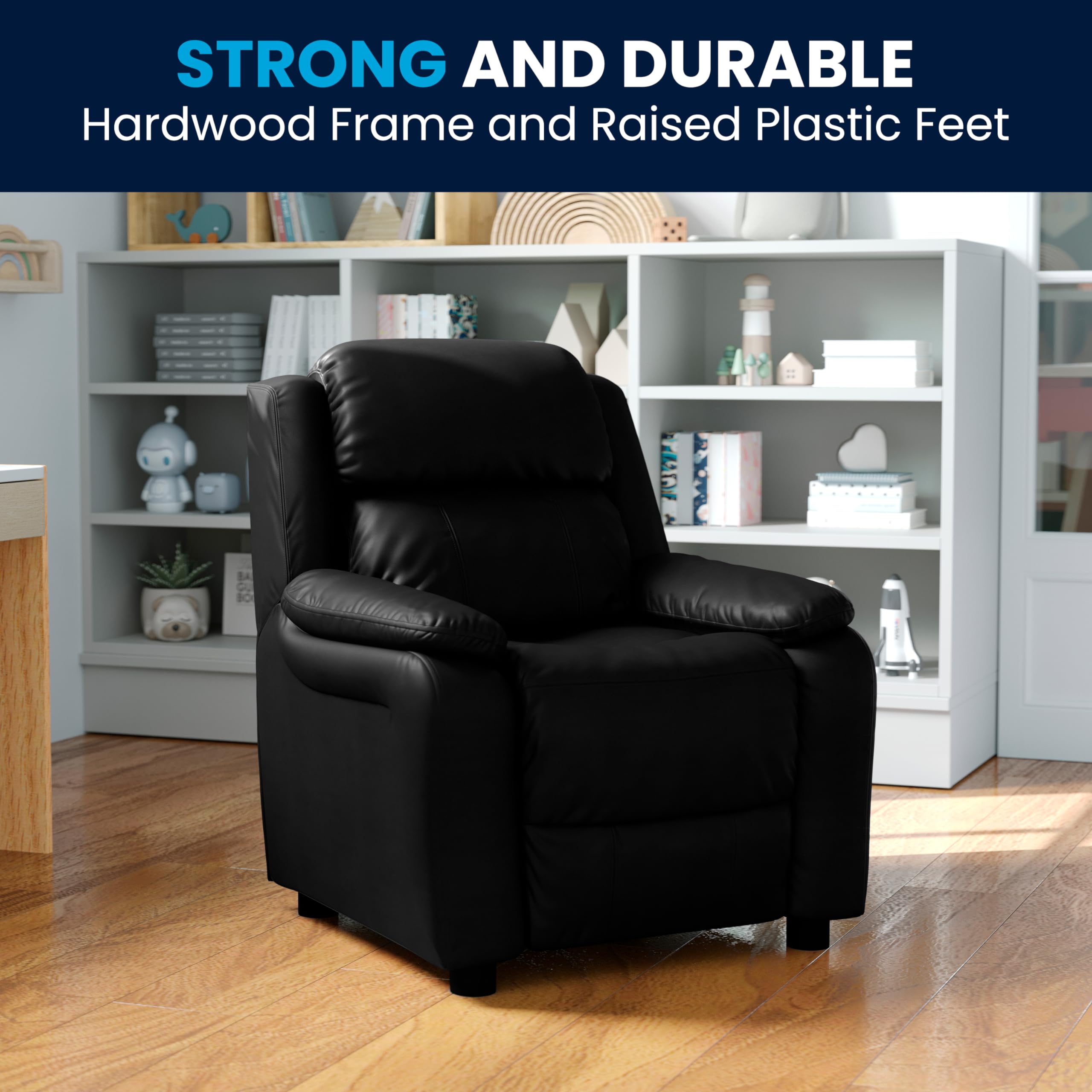 Flash Furniture Deluxe Padded Contemporary Kids Recliner with Storage Arms, Leather, Black, 66.04 x 53.34 x 53.34 cm