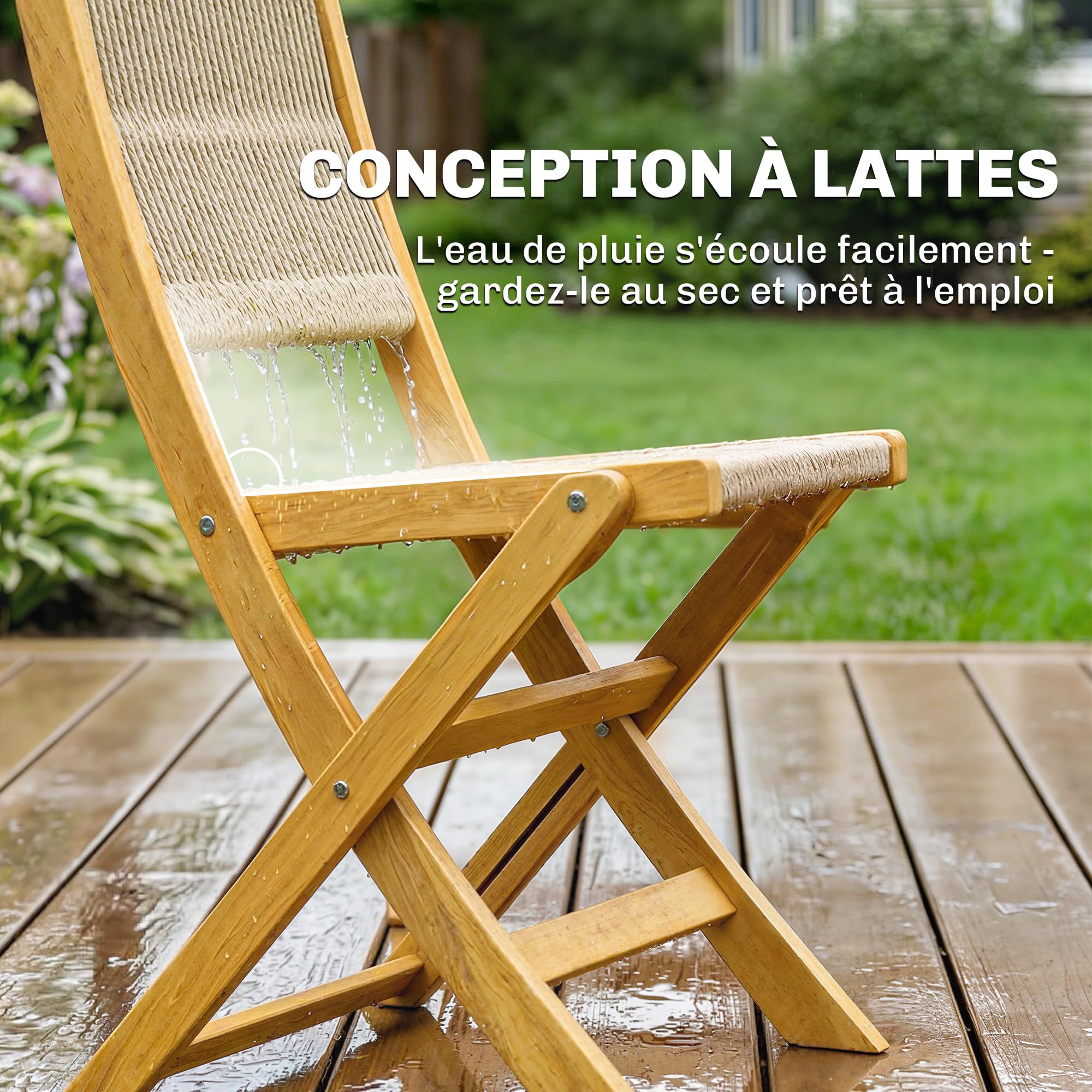 Outsunny Salon de Jardin 3 Pièces en Bois d'Acacia et Cordage PP - Table Ronde et 2 Chaises Pliables - Mobilier Extérieur Design Boho Naturel