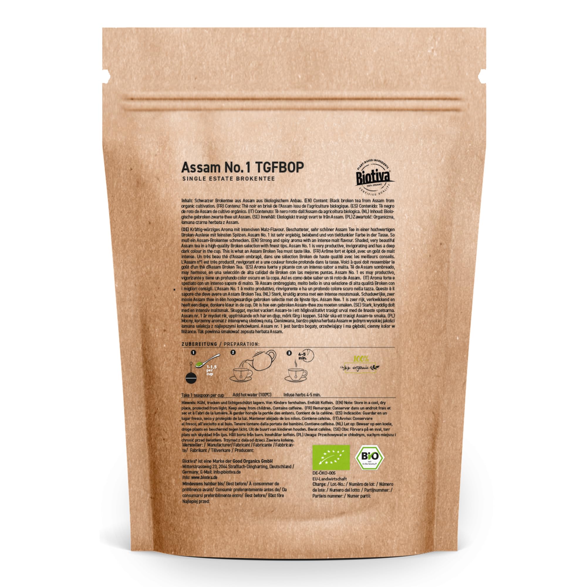 Assam No.1 TGFBOP Czarna herbata organiczna 250 g – herbata sypana – Indie – najwyższa jakość – butelkowana i kontrolowana w Niemczech – Biotiva