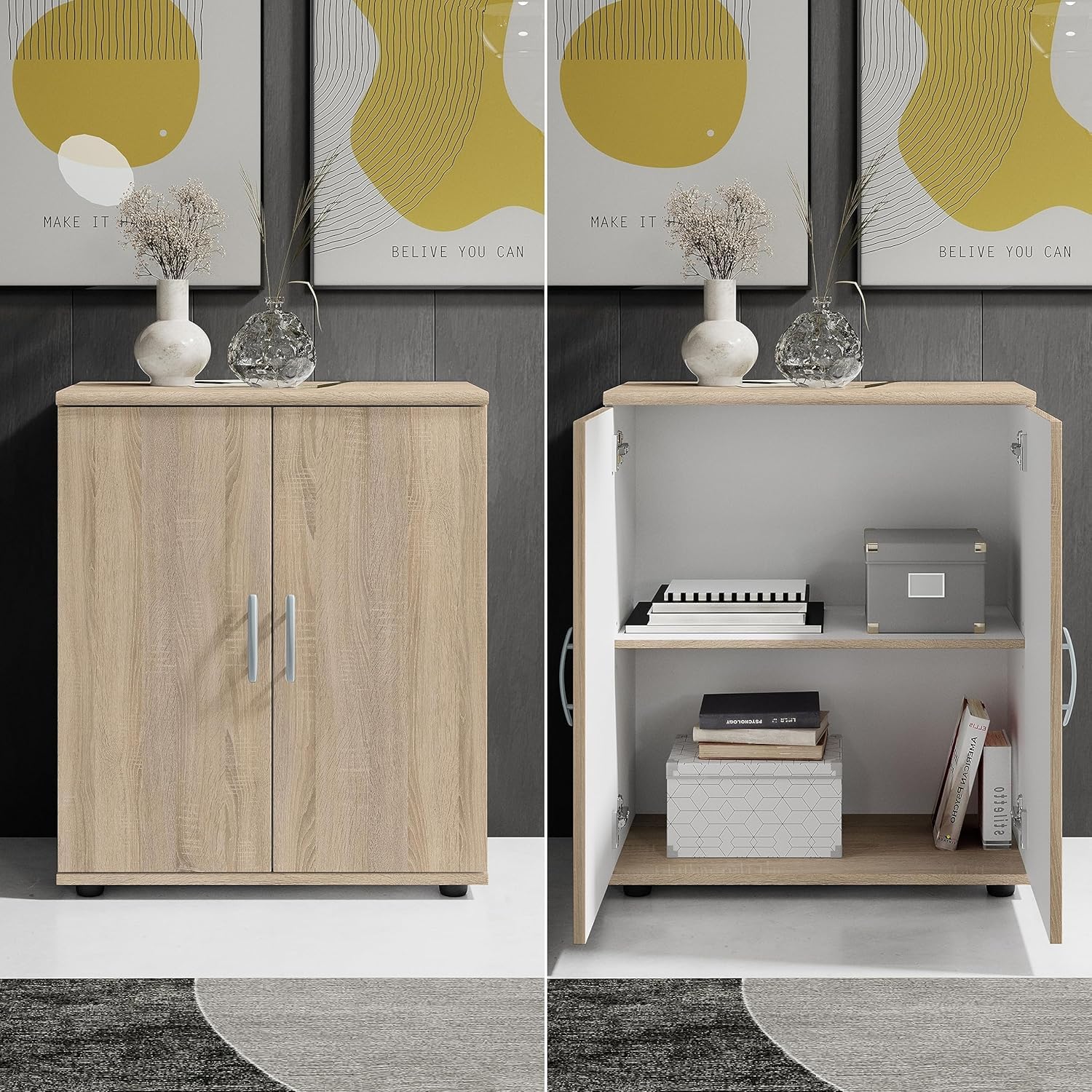 Mobile multiuso moderno | 2 ante e ripiano interno | Armadietto salvaspazio per Soggiorno, Sala da Pranzo, Corridoio e Ingresso | 60x30x70 cm (LxPxH) Rovere