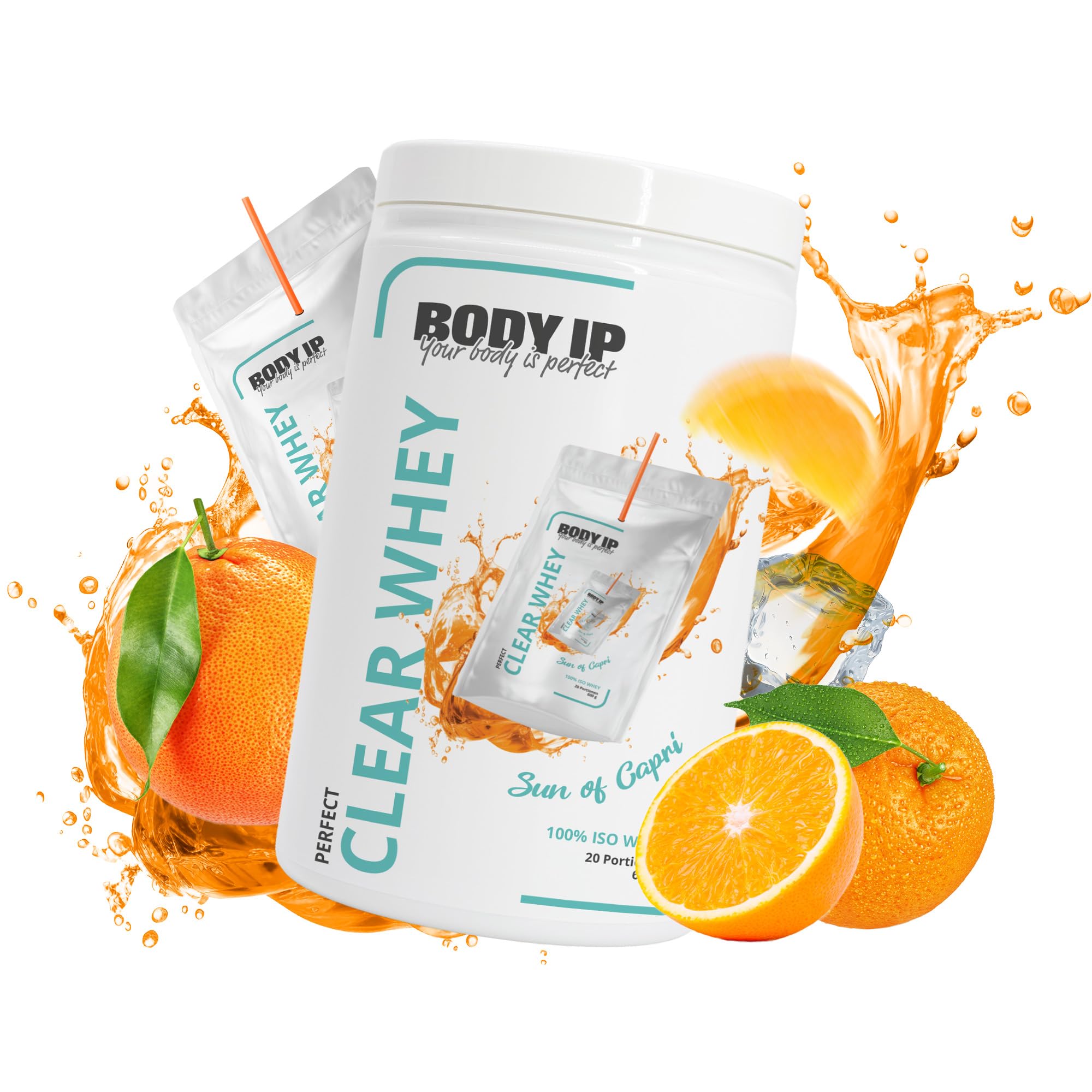 BODY IP Perfect Clear Whey Protein Pulver | Sun of Capri | Eiweißpulver für Protein Shake & Muskelaufbau | Schnelle Aufnahme & gute Löslichkeit | Hoher BCAA Anteil & Eiweißgehalt | 21 Portionen | 600g