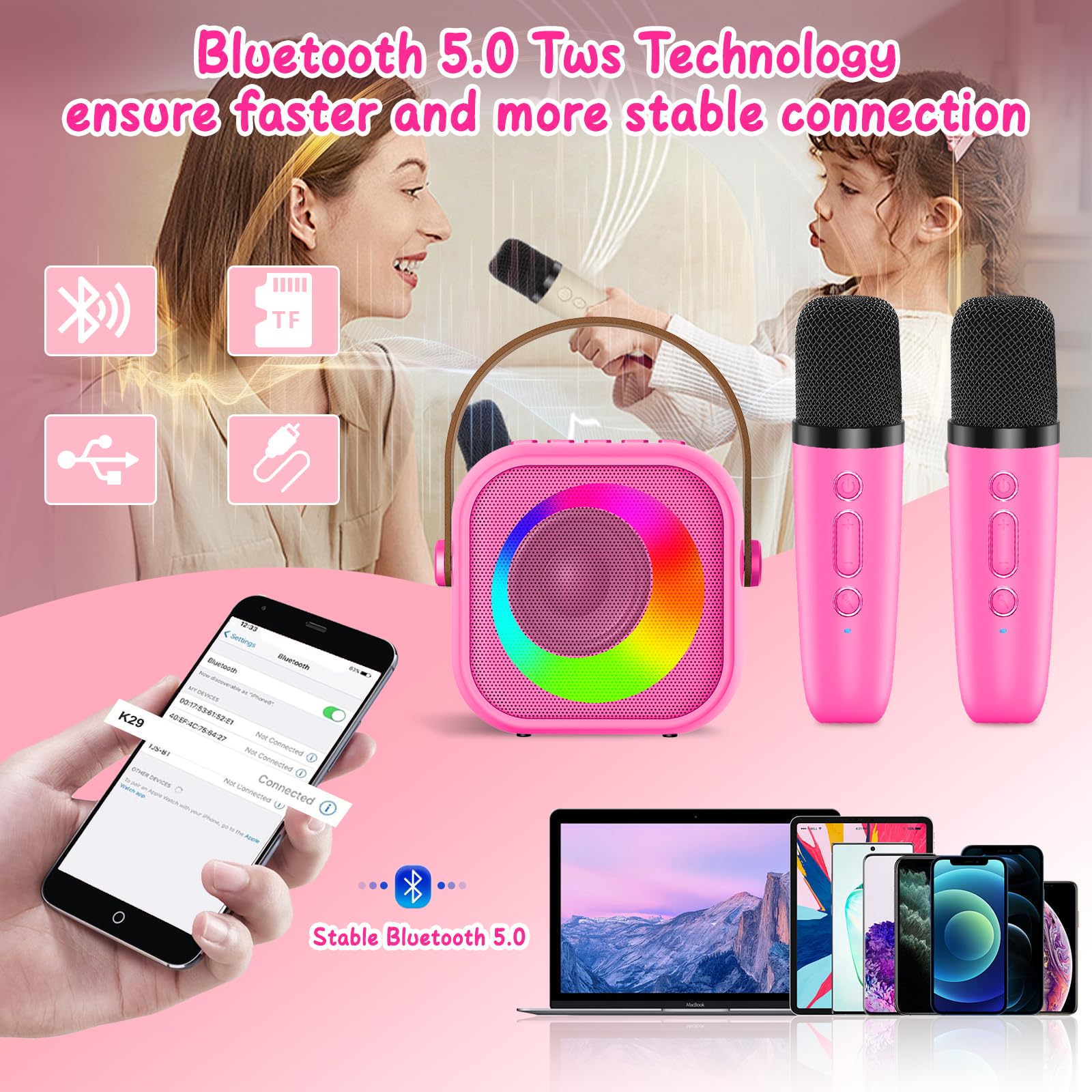 Karaoke Niños con 2 Microfono Inalambricos, Portátil Microfono Niños con Luces LED, Máquina de Karaoke Bluetooth Regalos para Niñas Juguete Fiestas de Familiares - 3
