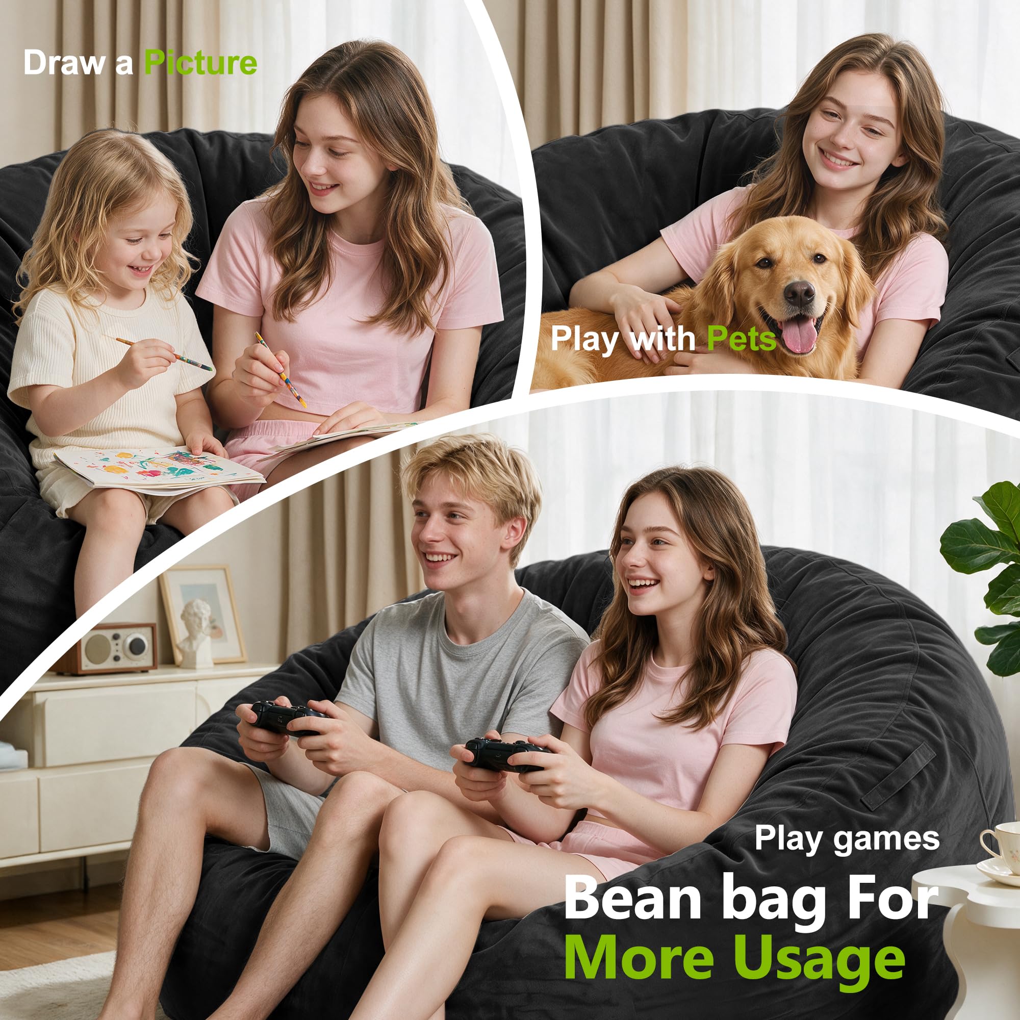 Homguava Puf gigante de 5 pies con relleno de espuma viscoelástica, cómodo puf para adultos, con funda de terciopelo holandés para sala de estar, dormitorio, color negro