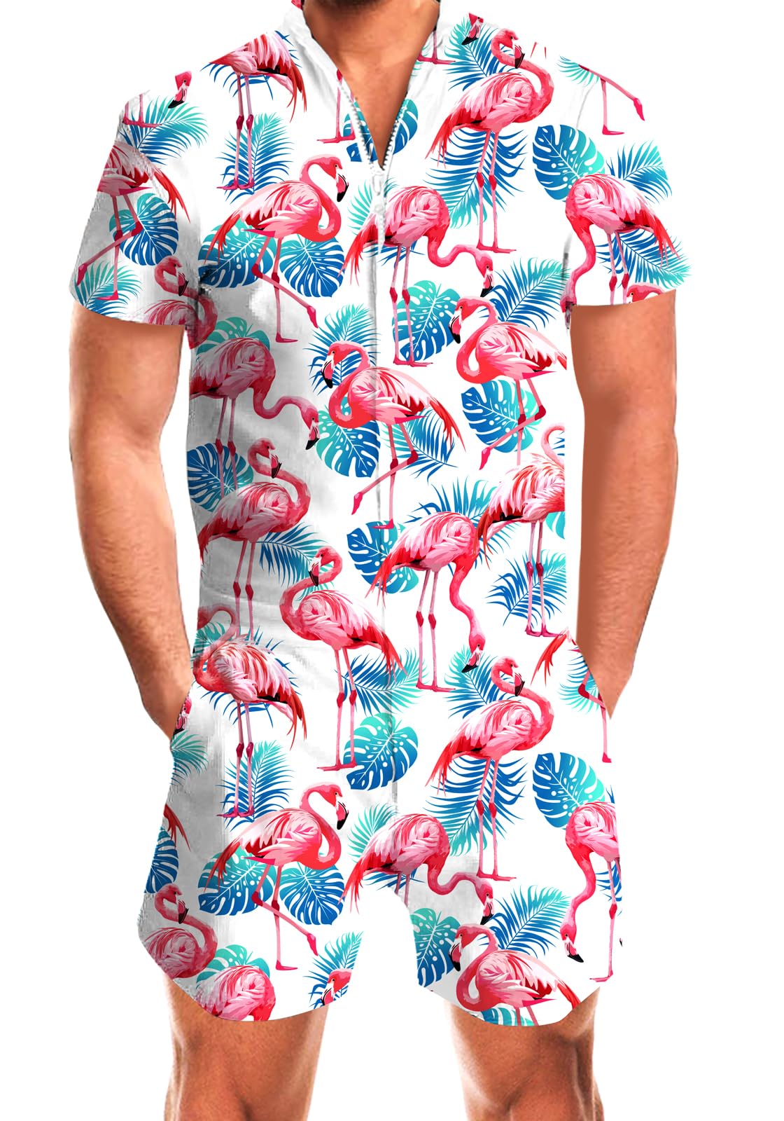 Goodstoworld Male Hawaiian Romper Fashion Zipper Slim Fit Jumpsuit with Pocket S-XXL