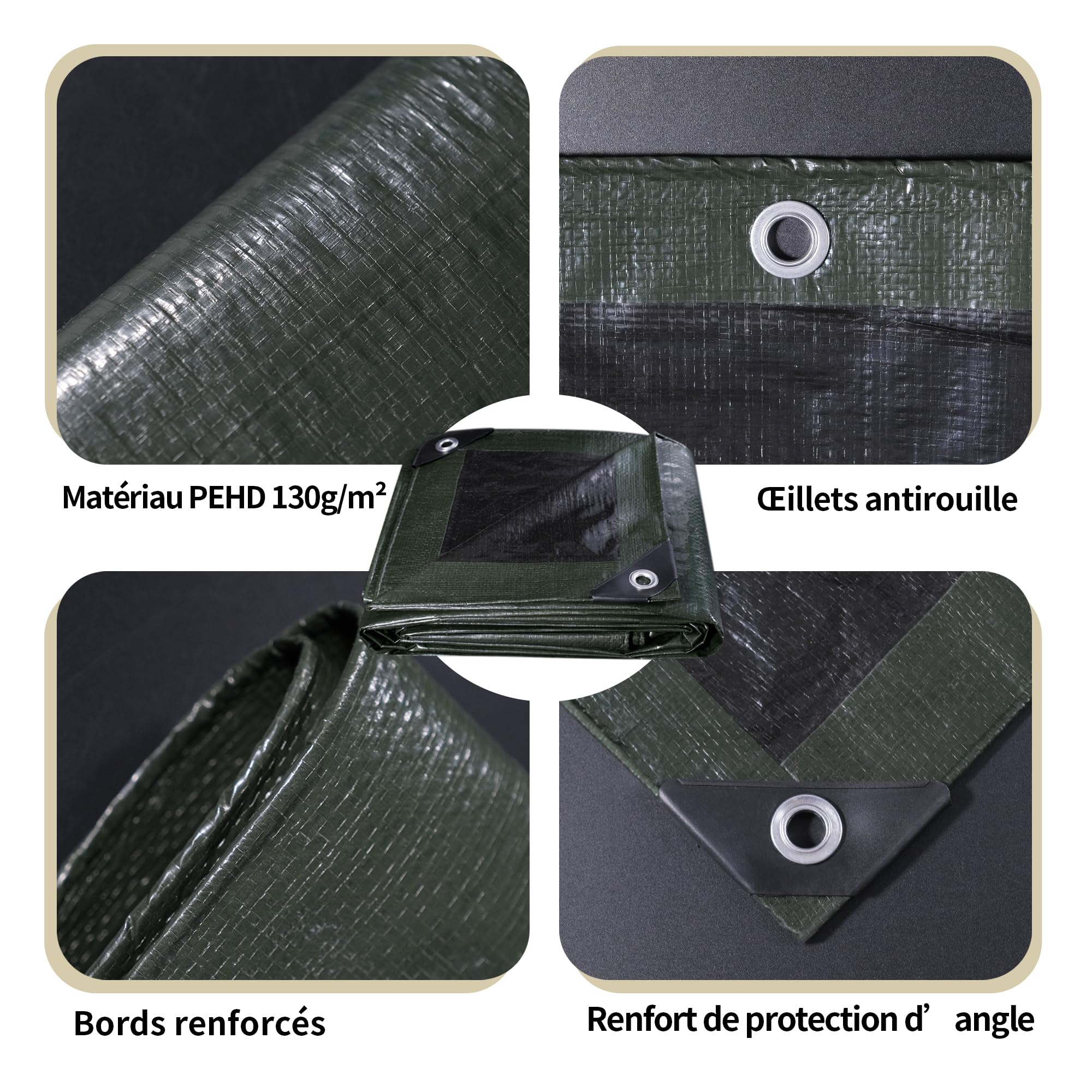 bâche Moyenne Camping Sol Tapis 4x6m 130g/m² (Vert Armée/Noir) Tente Résistante aux UV Couverture Extérieure Piscine Toit Bac à Sable Bateau RV Voiture Housse de Protection