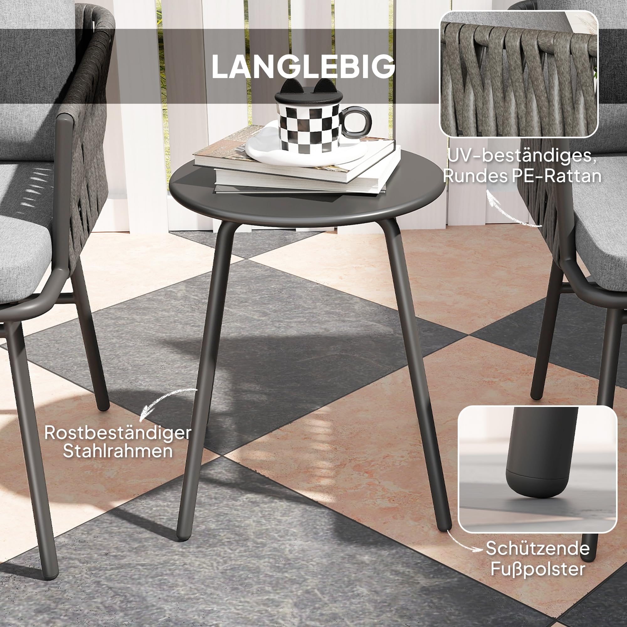 Outsunny 3-TLG. Rattan Bistroset Sitzgruppe 2 Gartensessel Couchtisch Grau