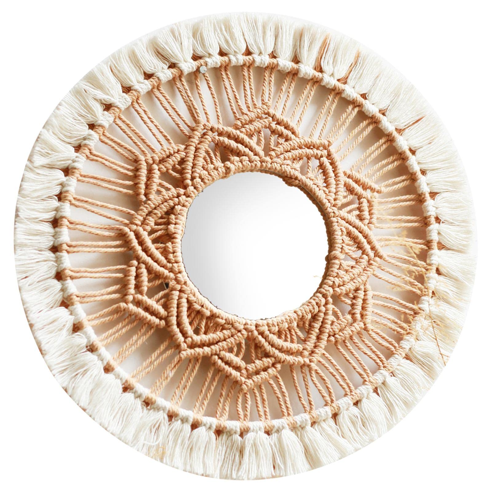 B Baosity Miroir Mural Suspendu Rond à Franges en Macramé, Style, pour La Décoration d'un Appartement, d'un Salon Ou d'une Chambre, Blanche