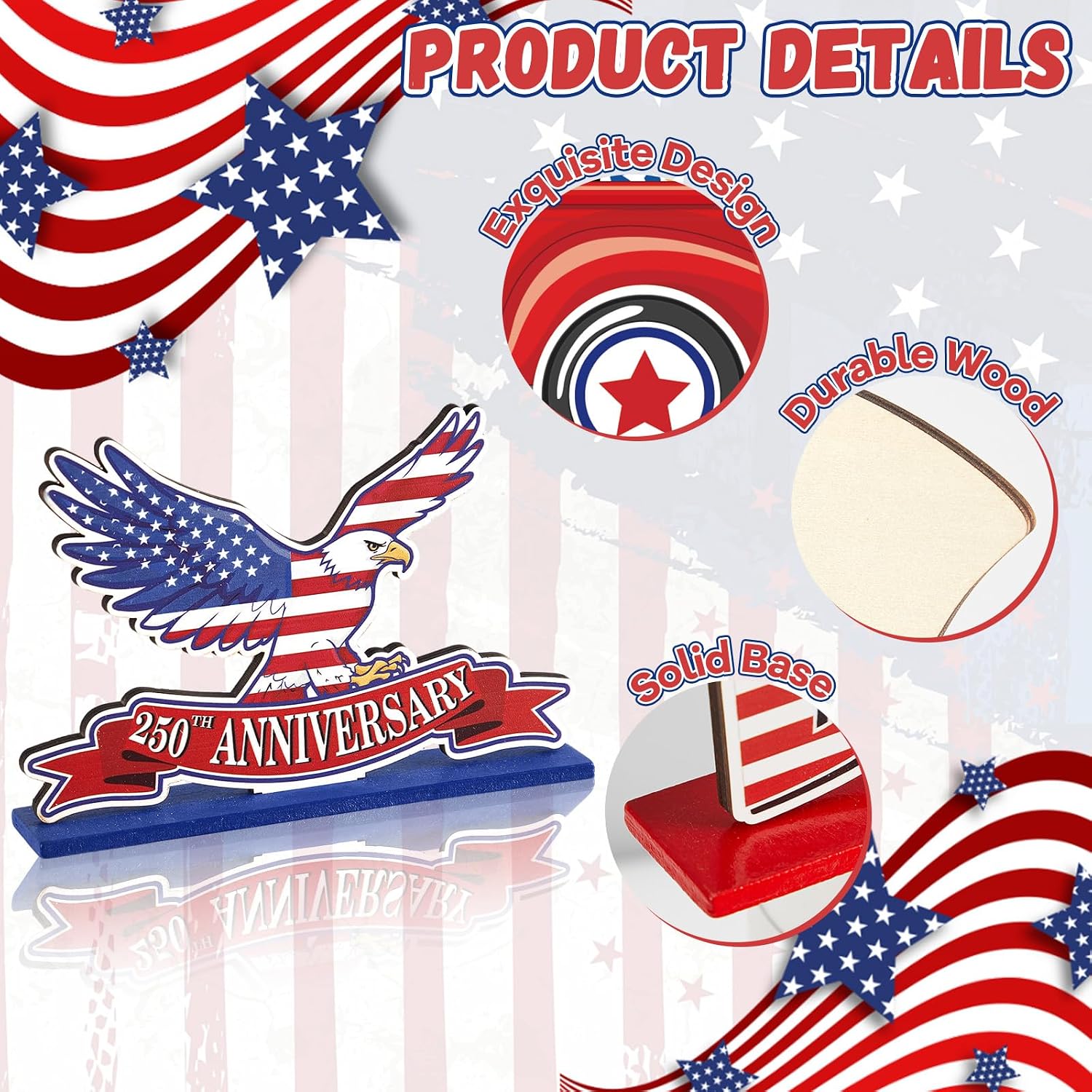 6 Pcs Independence Day Wood Tabletop Signs 4th of July Patriotic Wooden Table Centerpieces USA 250th Anniversary Themed Party Decorations for Home Office Shelf Memorial Day Patriotic Party Supplies