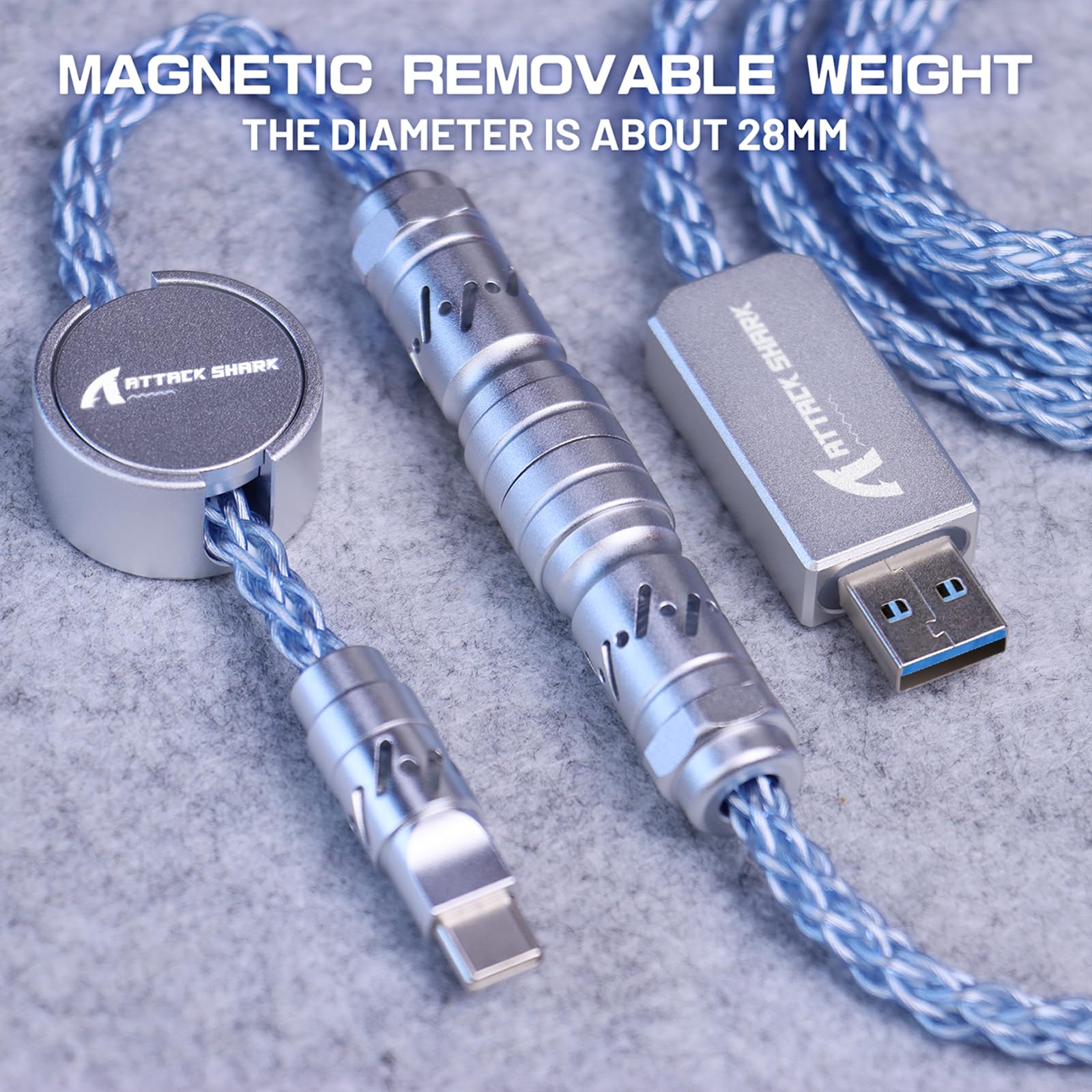 ATTACK SHARK C07 Cable de aviador trenzado personalizado con RGB iluminado, conector de aviación de 5 pines, USB-A a tipo C, placa magnética CNC desmontable para cargar teléfonos, teclado magnético de