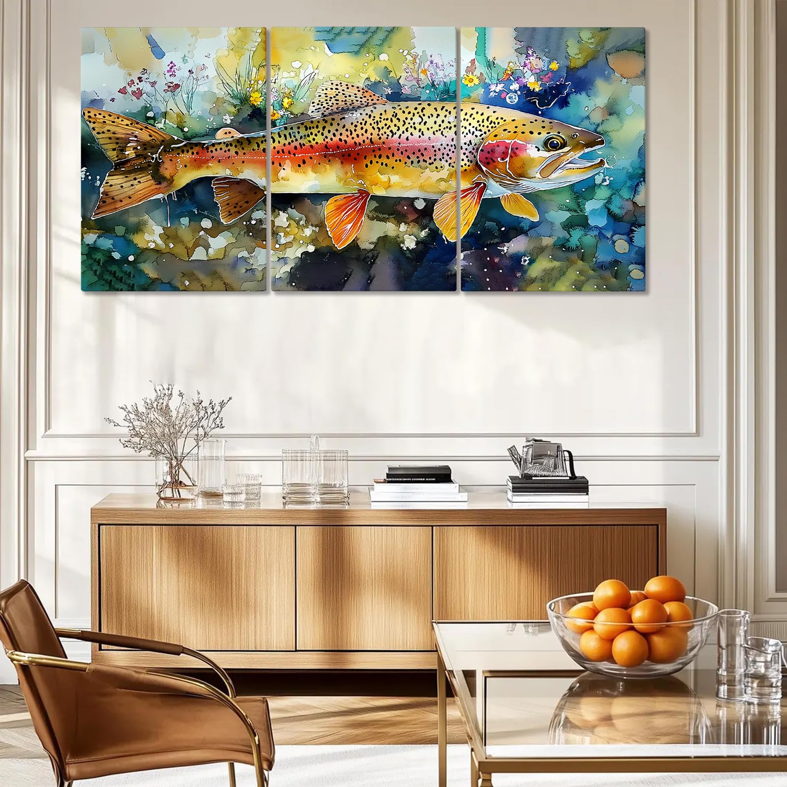 Hotuijxca Trout Canvas Wall Art, Trout Fish Canvas Wall Art, Rainbow Trout Wall Painting for Living Room, Bedroom, Dining Room (16" x 24" x 3 pcs)