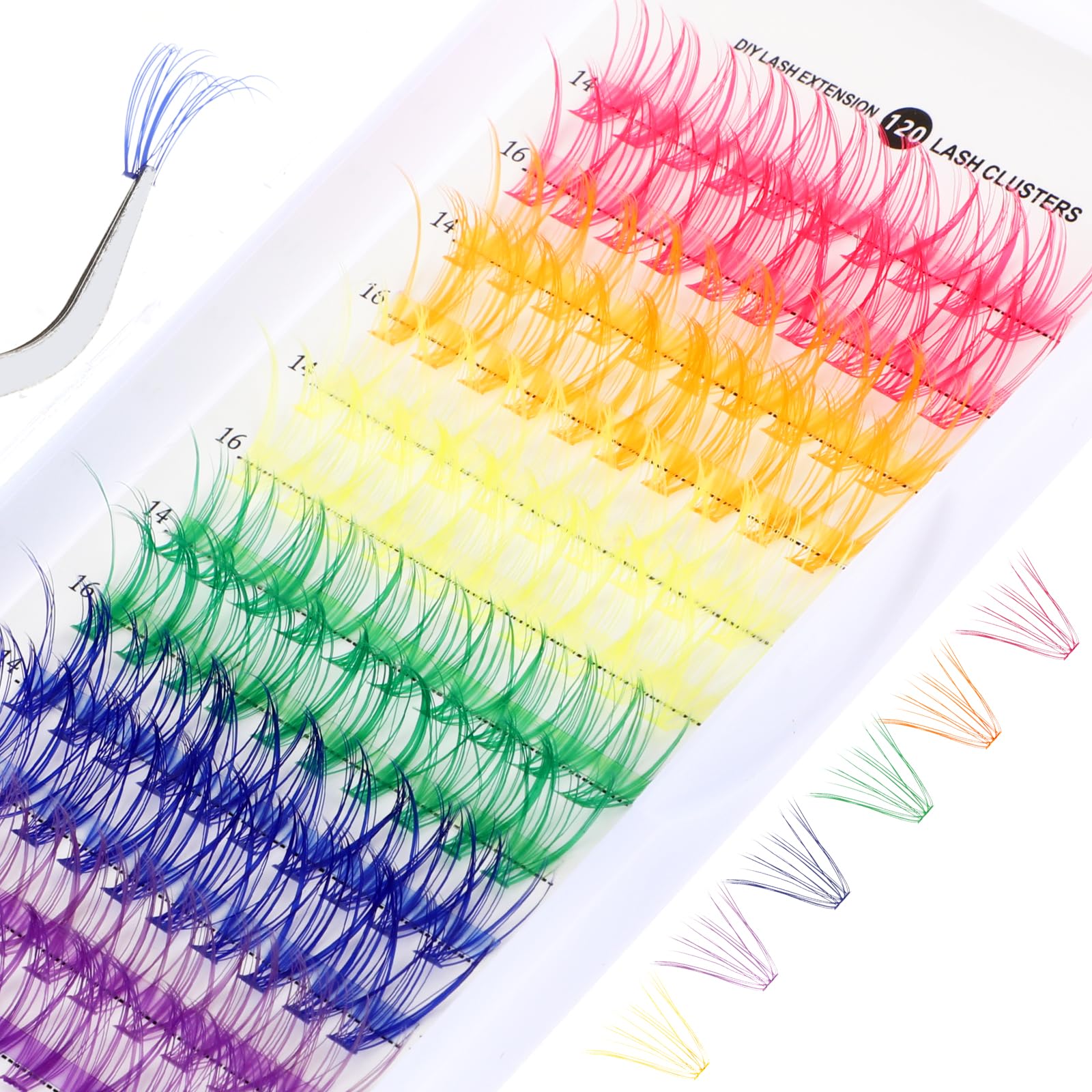 WLLHYF Lash Extension Kit, 120 Pcs DIY Lash Clusters Individual 14mm 16mm Mixed Soft False Eyelashes Rainbow Colorful Cluster Lashes Reusable Fluffy Lash for Women