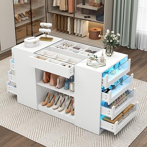 Closet Island with Drawers, Armoire Wardrobe Closet with LED Lights White Dresser Walk-in Closets with Glass Top for Bedroom & Cloakroom