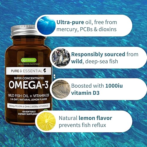 Miniatura 3 de Pure  Essential Omega-3 y D3 1000iu rTG de acción rápida apoyo para ojos función cardíaca y cerebro 1 a día aceite de pescado silvestre altamente