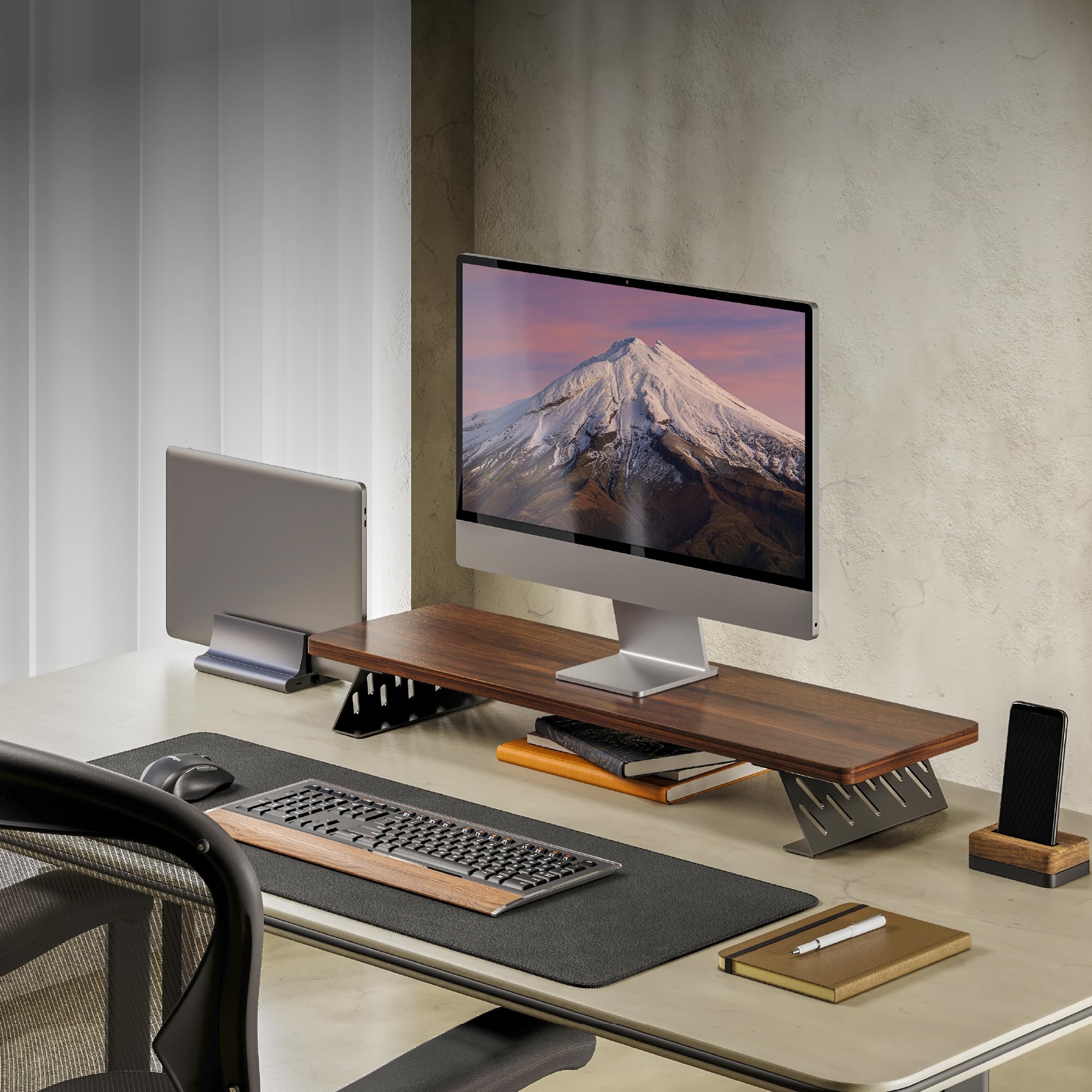 Fenge Soporte de Monitor de Madera con Estructura de Metal, Elevador para Escritorio de Doble Monitor, Soporte para Laptop, Computadora , con Estante de Almacenamiento, L80xW23.5xH10cm, Marrón