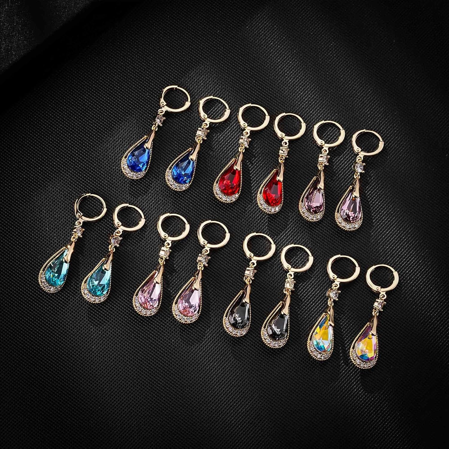 Trendy Austrian Crystal Teardrop Drop Huggie Dangle Earrings for Women 14k Rose Gold Plated Hypoallergenic Jewelry Gifts